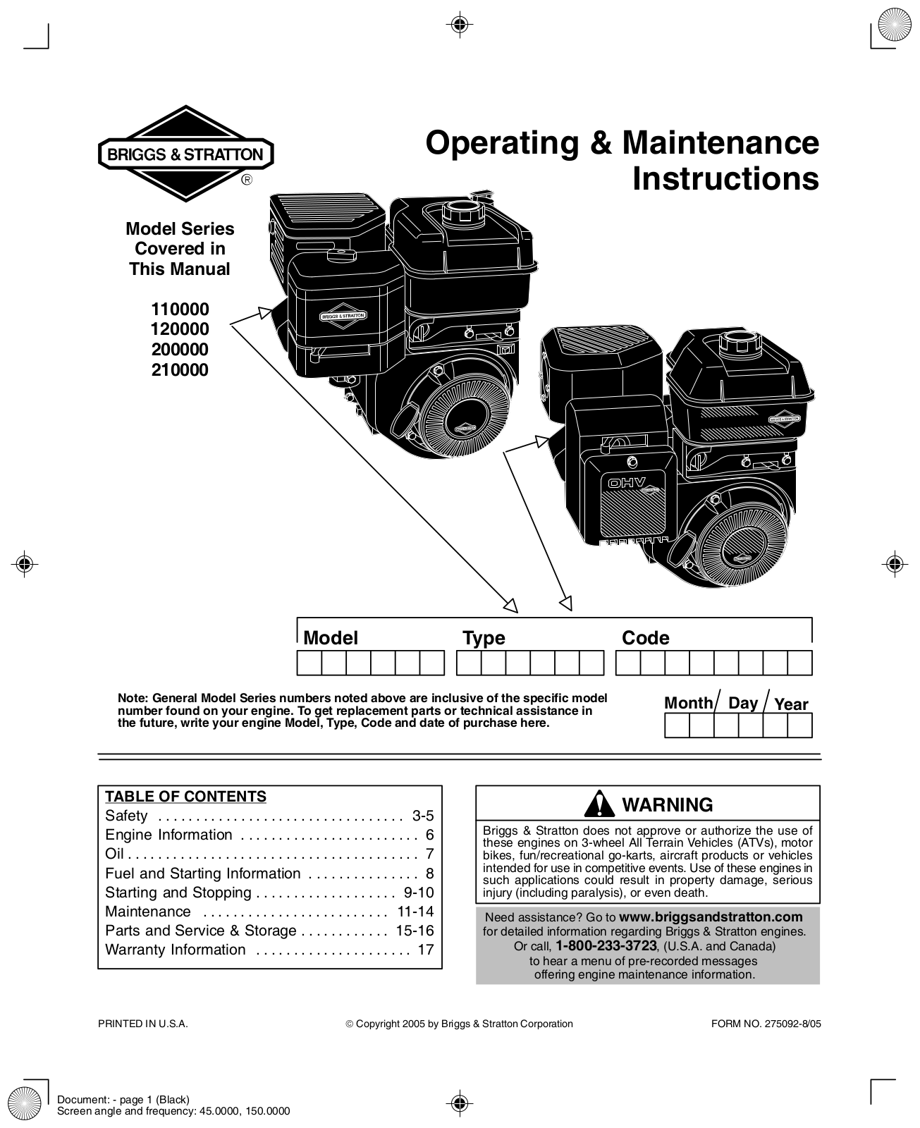 Briggs & Stratton 110000, 120000, 200000, 210000 Series, 110000 Series Operating And Maintenance Instructions Manual