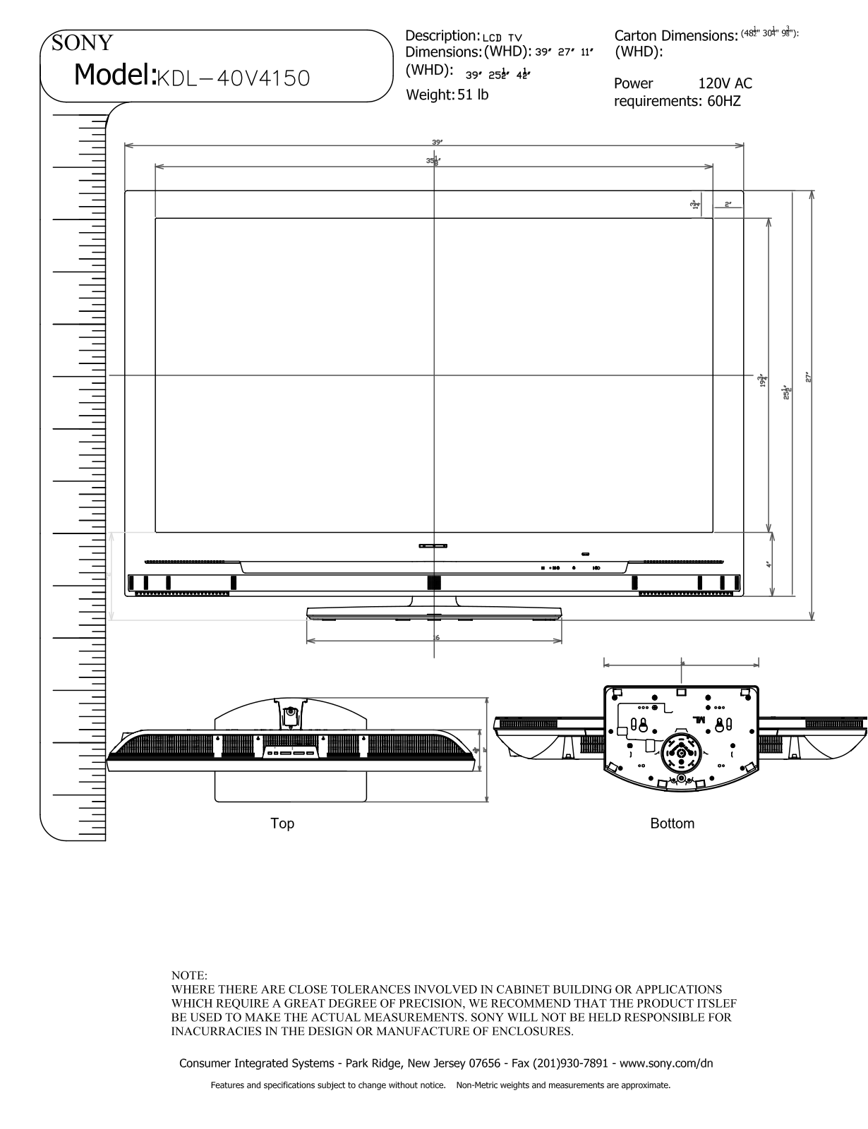 Sony KDL-40V4150 Dimensions Diagram