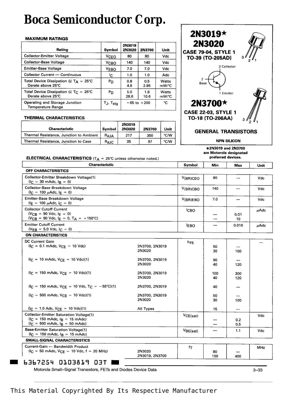 BOCA 2N3700, 2N3020, 2N3019 Datasheet