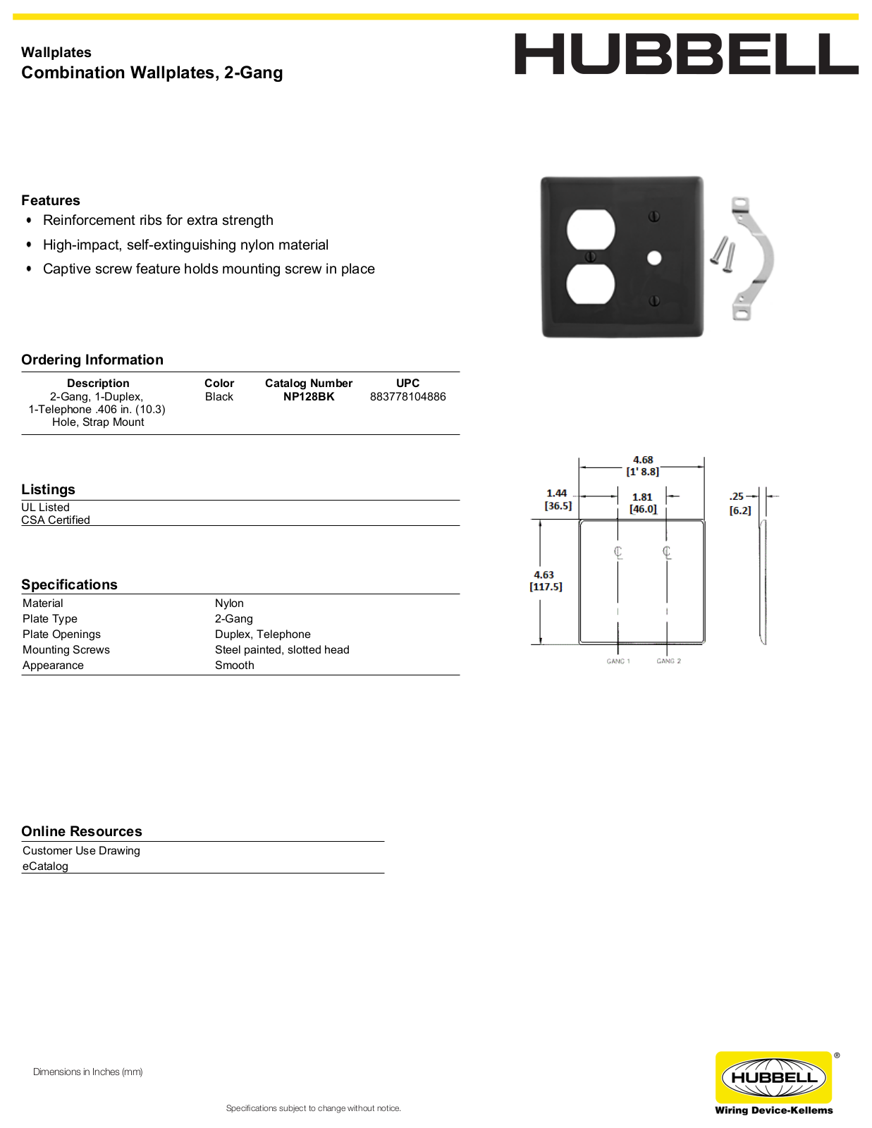 Hubbell NP128BK Specifications