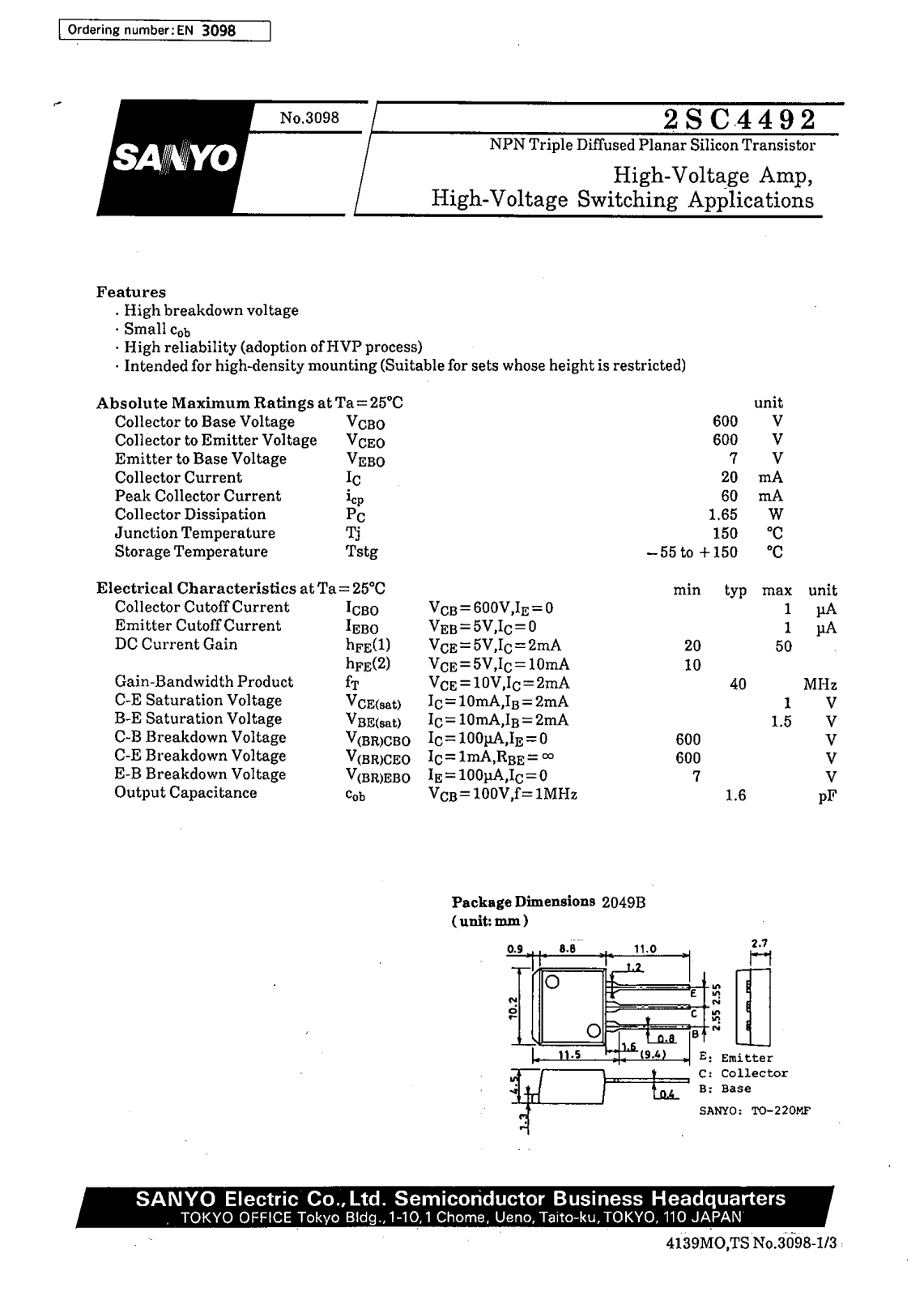 SANYO 2SC4492 Datasheet