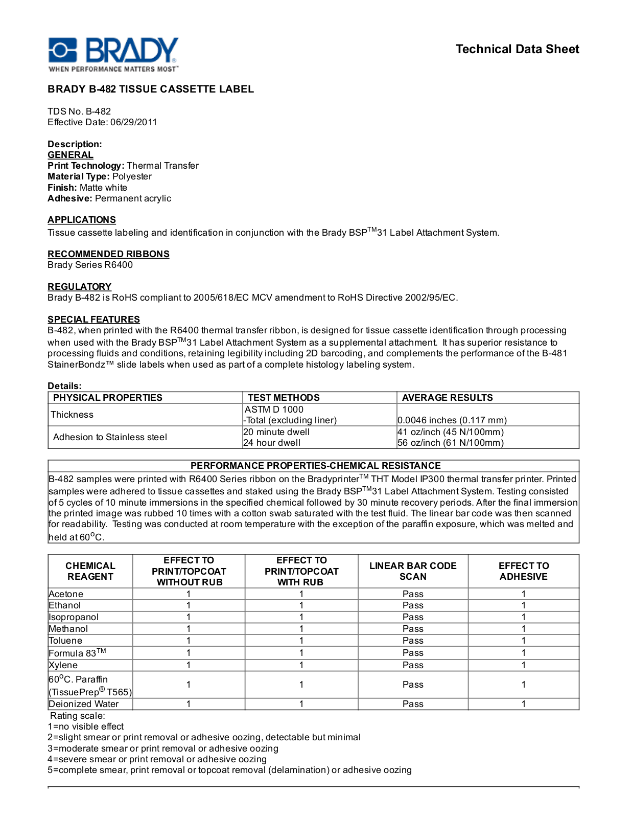 Brady B­482 Technical Data