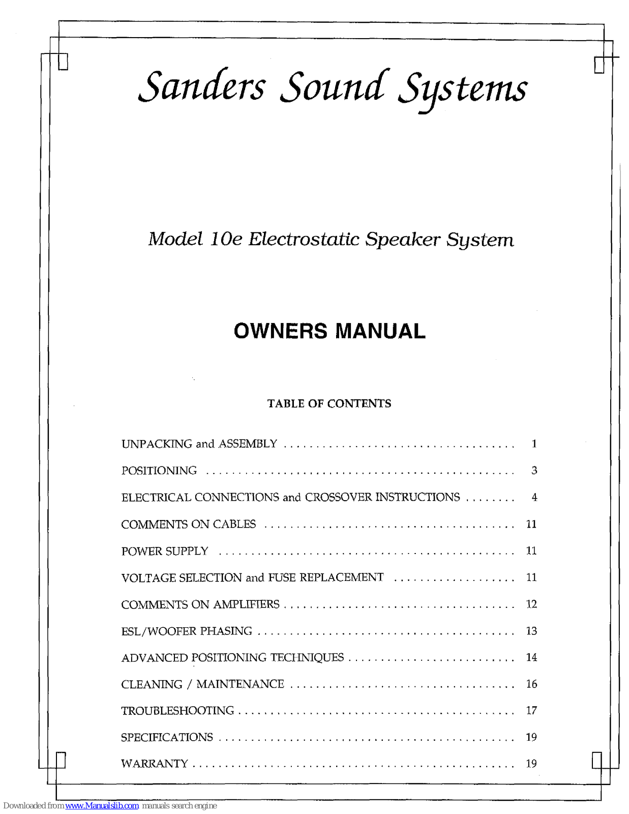 Sanders Sound Systems 10E Owner's Manual