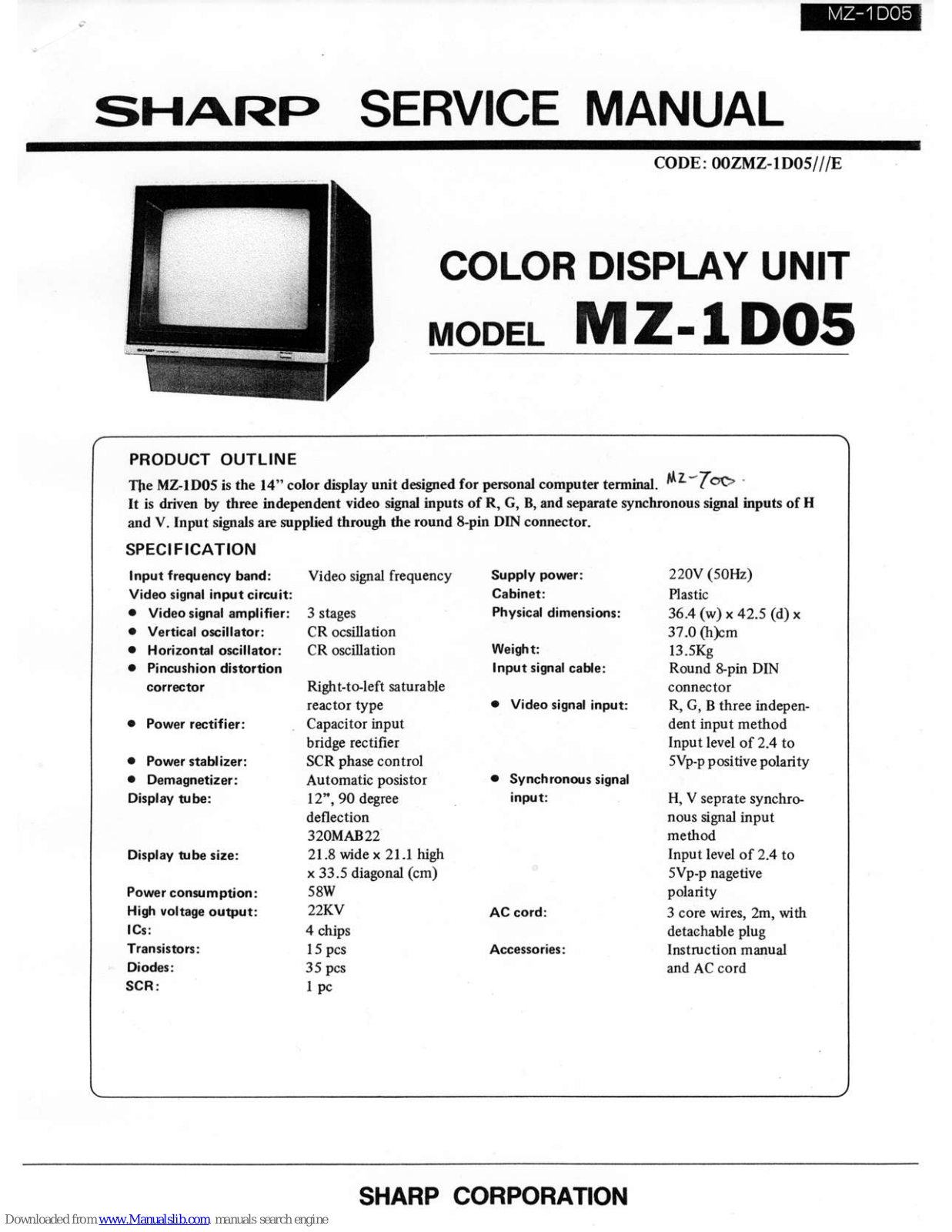 Sharp MZ-1D05 Service Manual