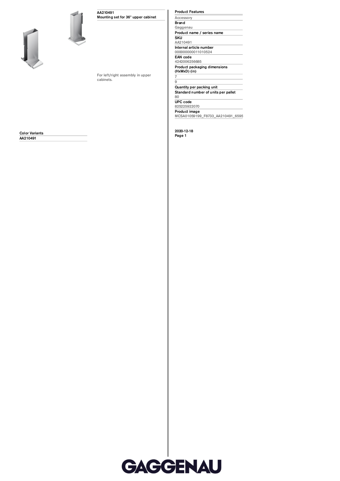 Gaggenau AA210491 Specification Sheet