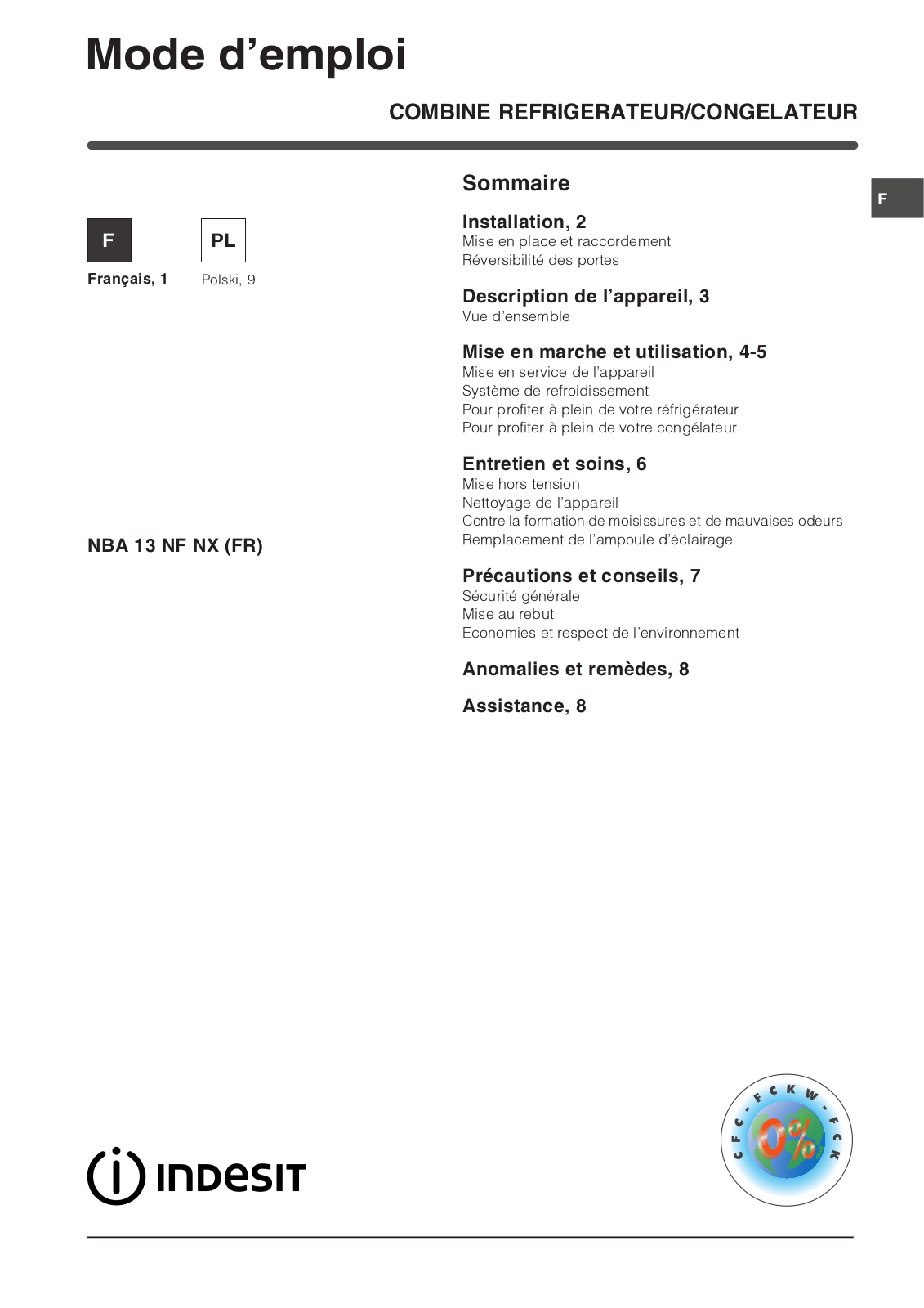 INDESIT NBA13NFNX User Manual