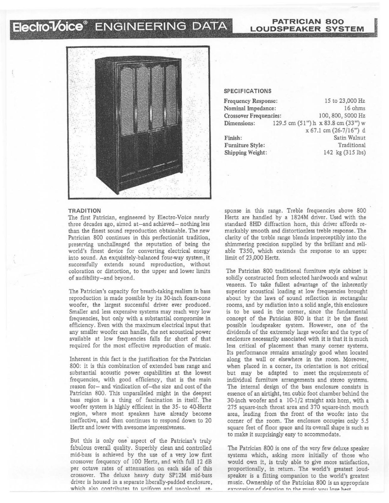 Electro-voice PATRICIAN 800 DATASHEET