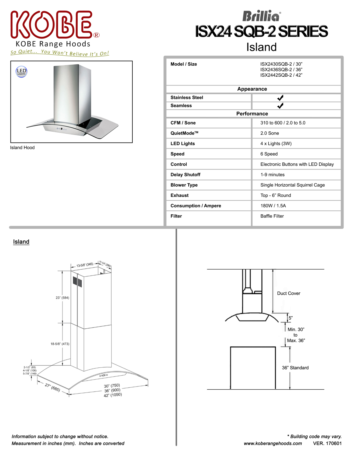 Kobe ISX2436SQB2, ISX2430SQB2 PRODUCT SPECIFICATIONS