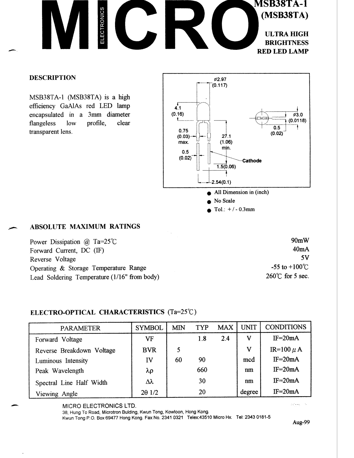 MICRO MSB38TA-1 Datasheet