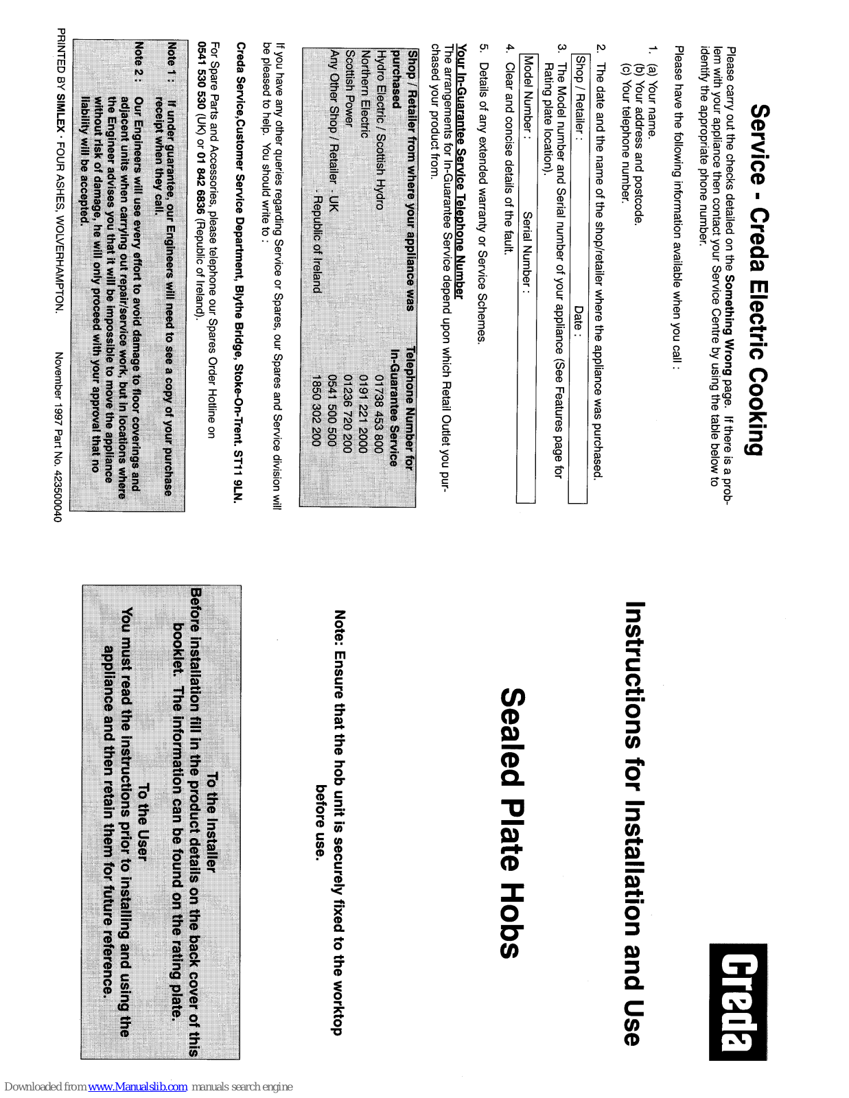 Creda 42350, 42351, 42352, 42353 Instructions For Installation And Use Manual