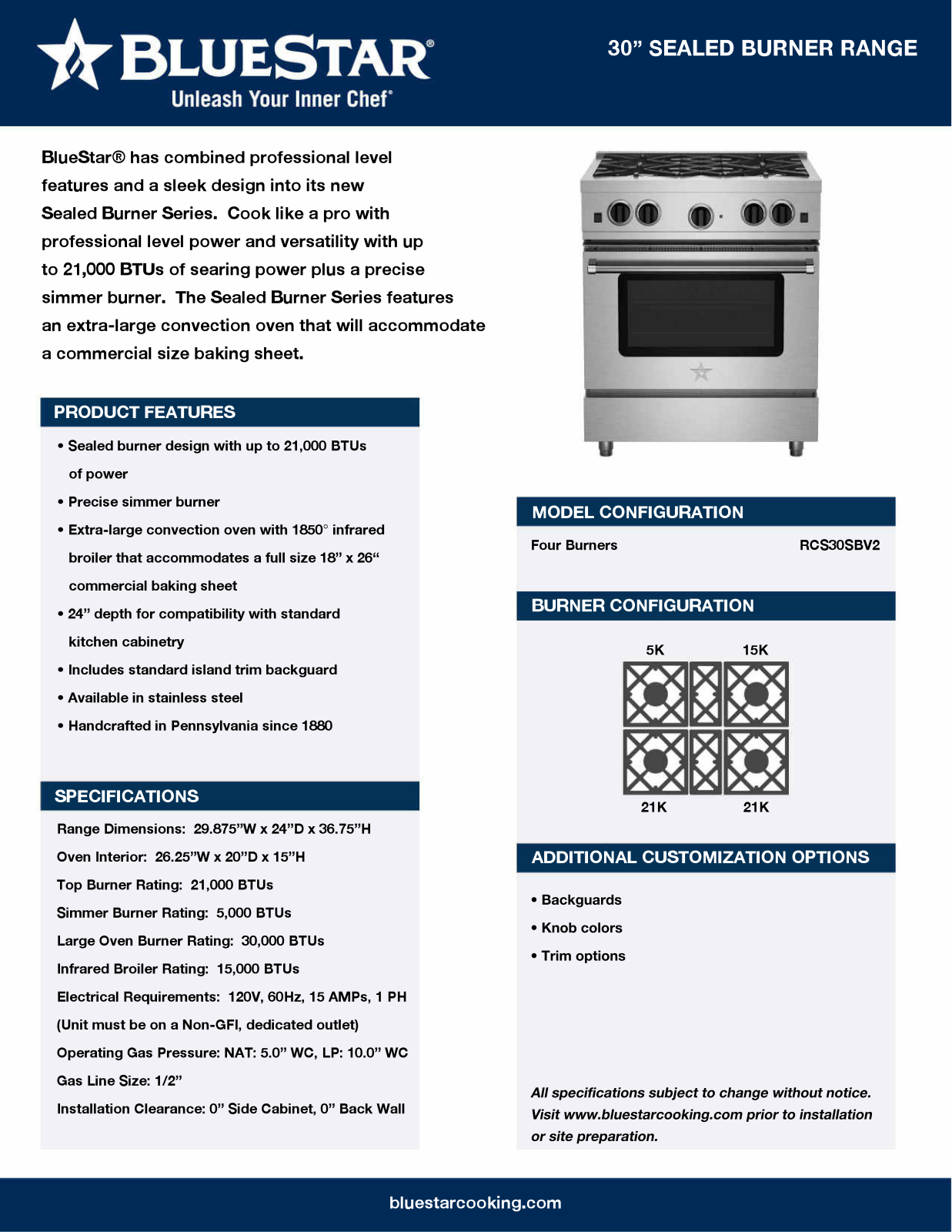 BlueStar RCS30SBV2CC Specs