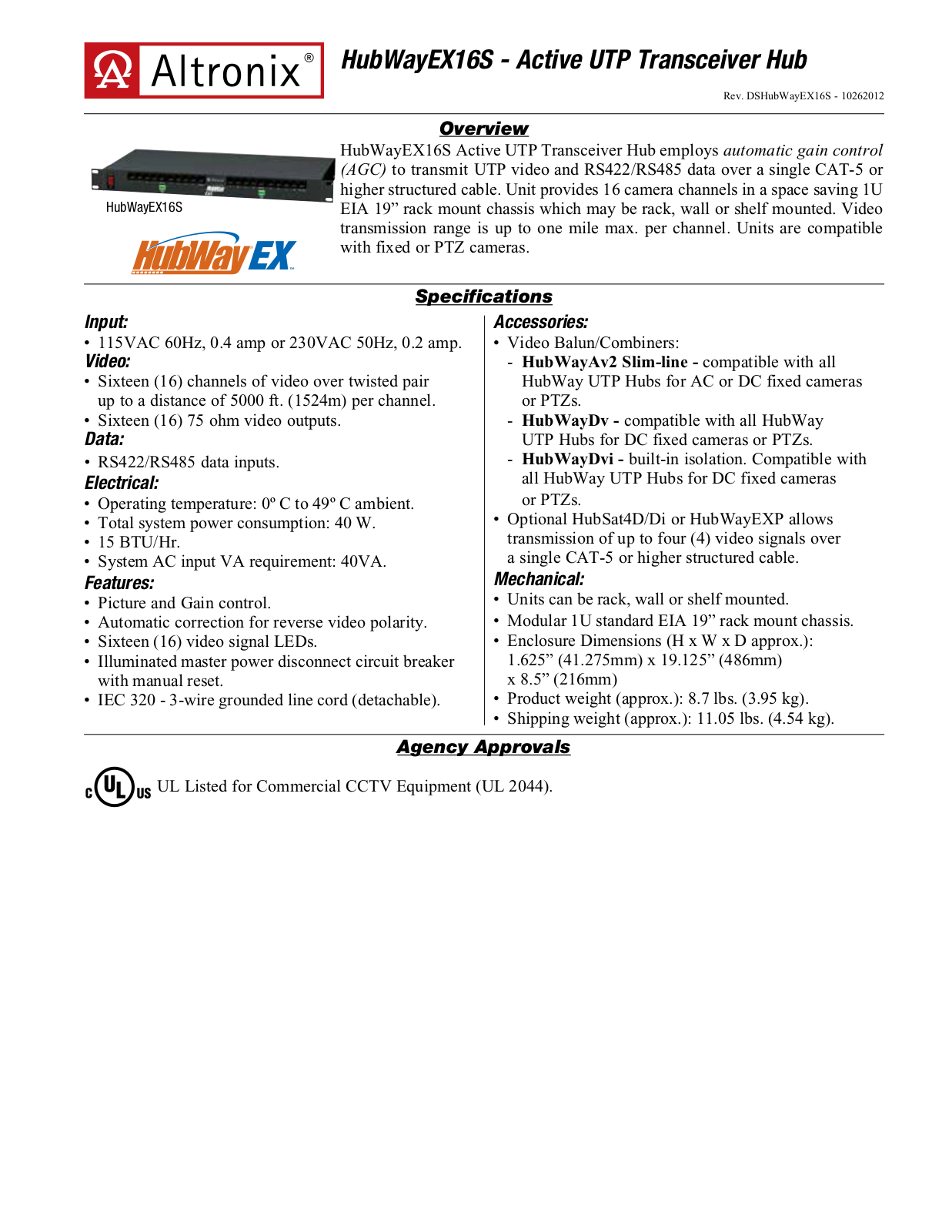 Altronix HubWay EX16S Data Sheet