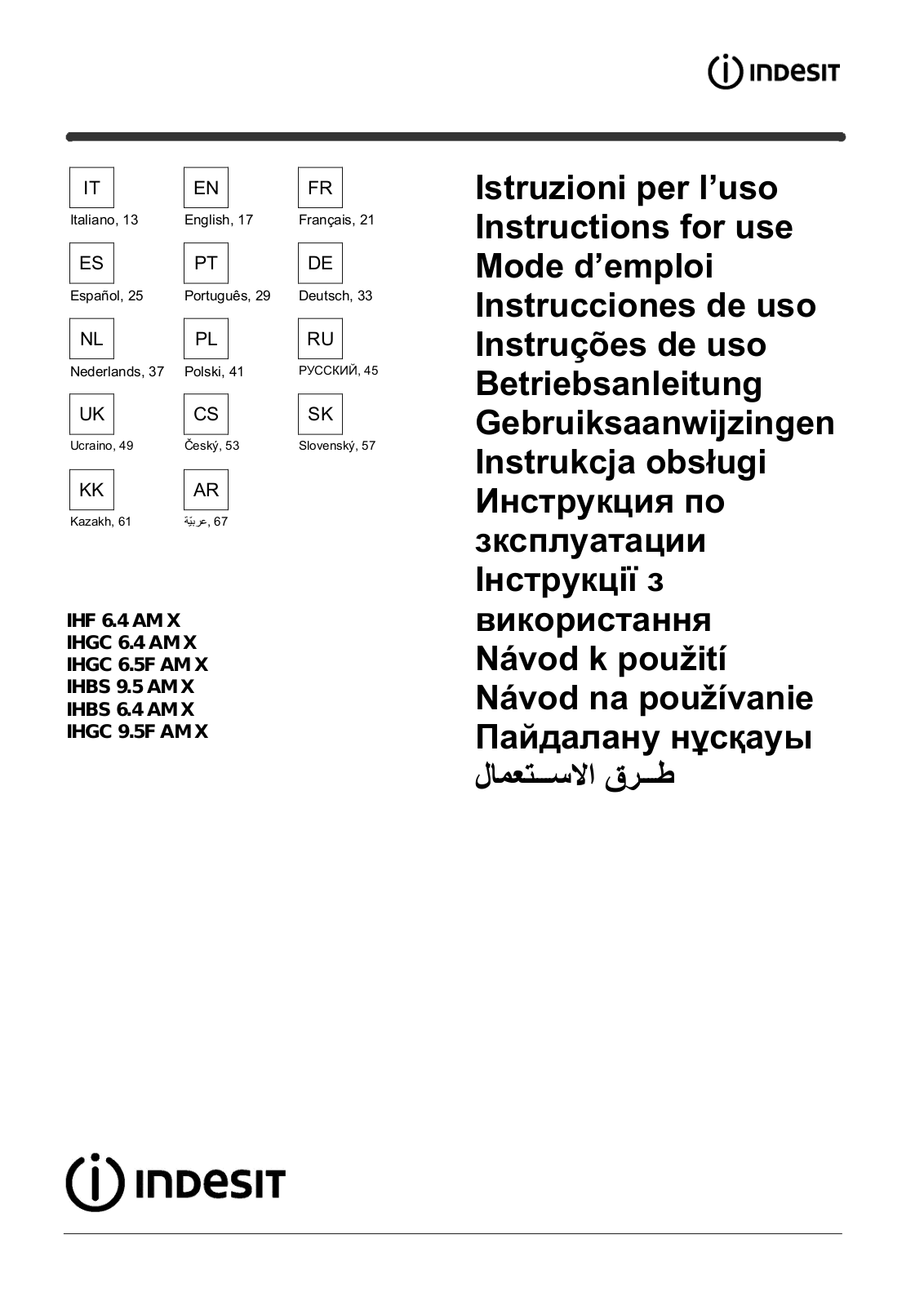 Indesit IHF 6.4 AM X, IHGC 6.4 AM X, IHGC 6.5F AM X, IHBS 9.5 AM X, IHBS 6.4 AM X Instruction manual