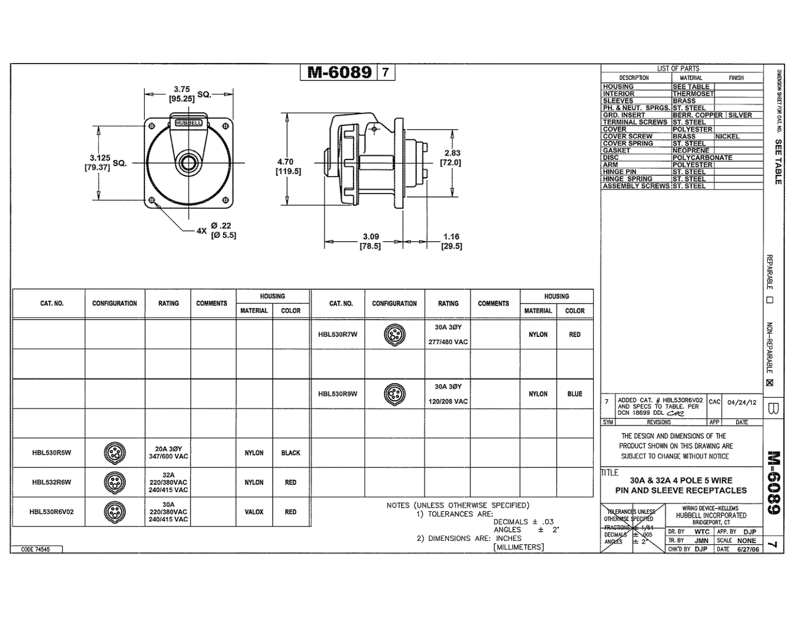 Hubbell HBL532R6W Reference Drawing