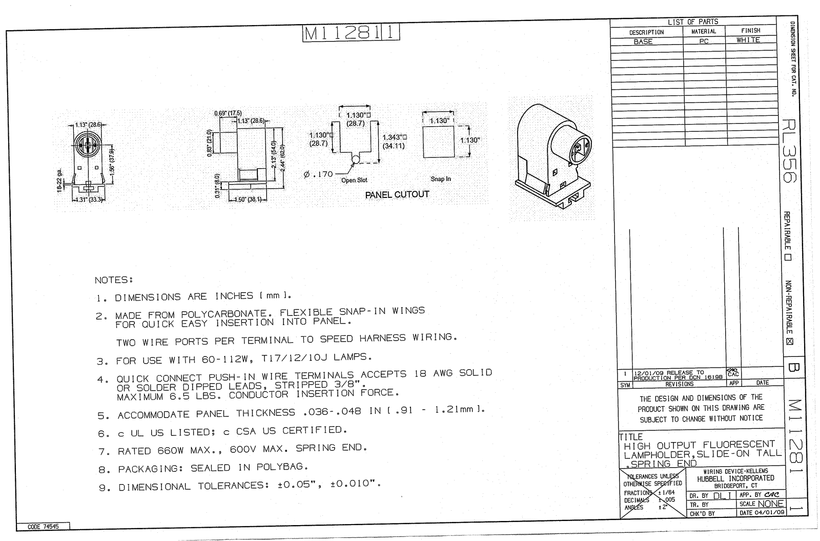 Hubbell RL356 Reference Drawing