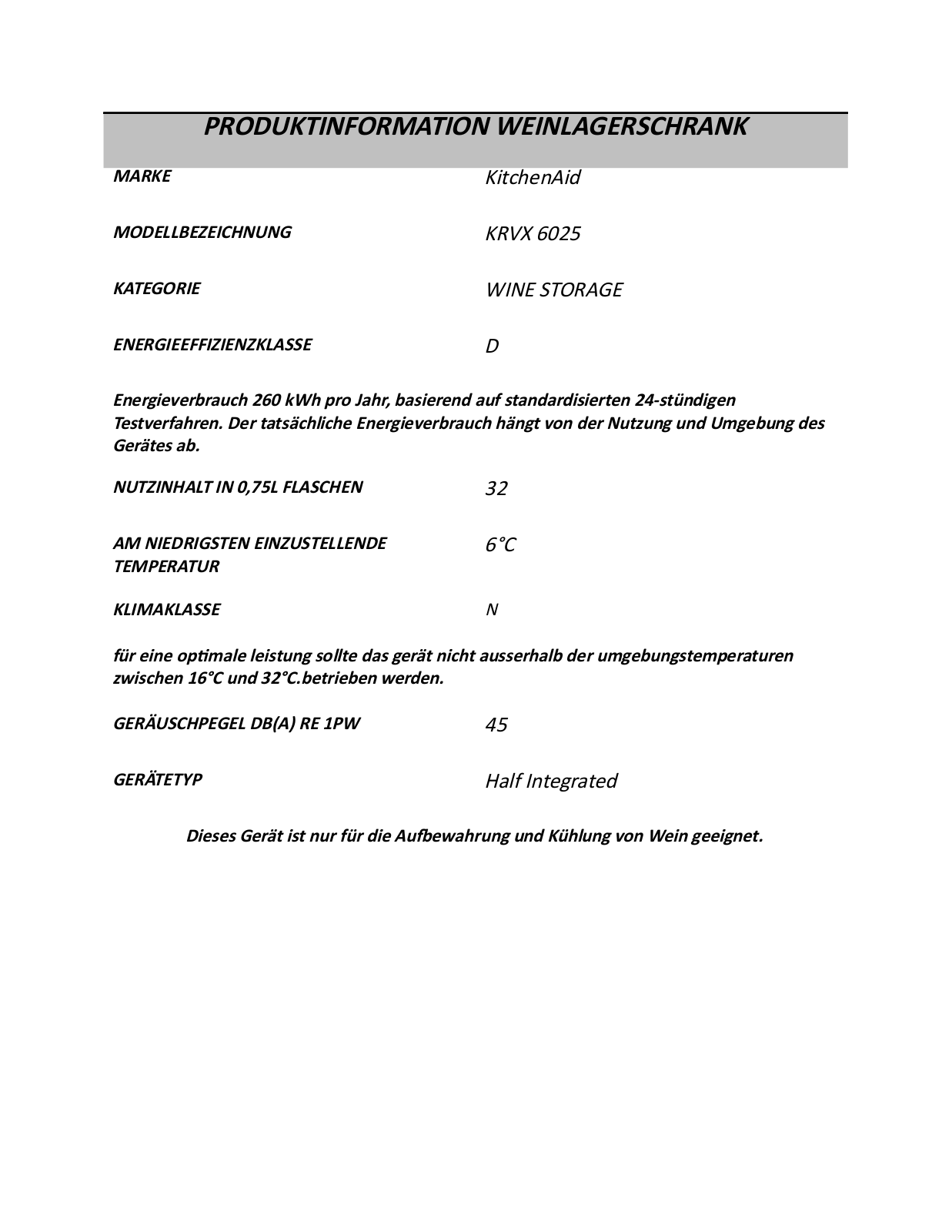 Whirlpool KRVX 6025/I PRODUCT SHEET