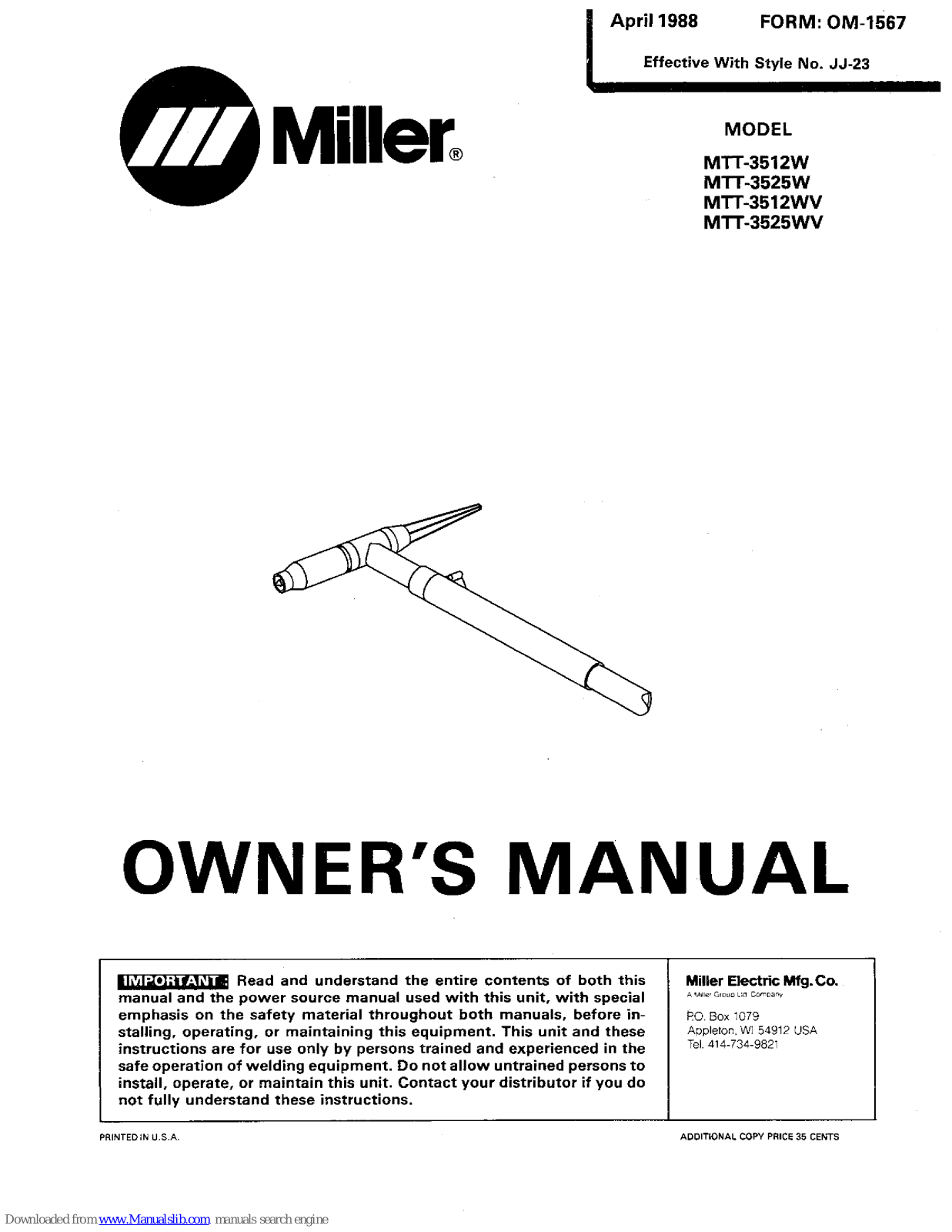 Miller Electric MTT-3512W, MTT-3512WV, MTT-3525W, MTT-3525WV Owner's Manual