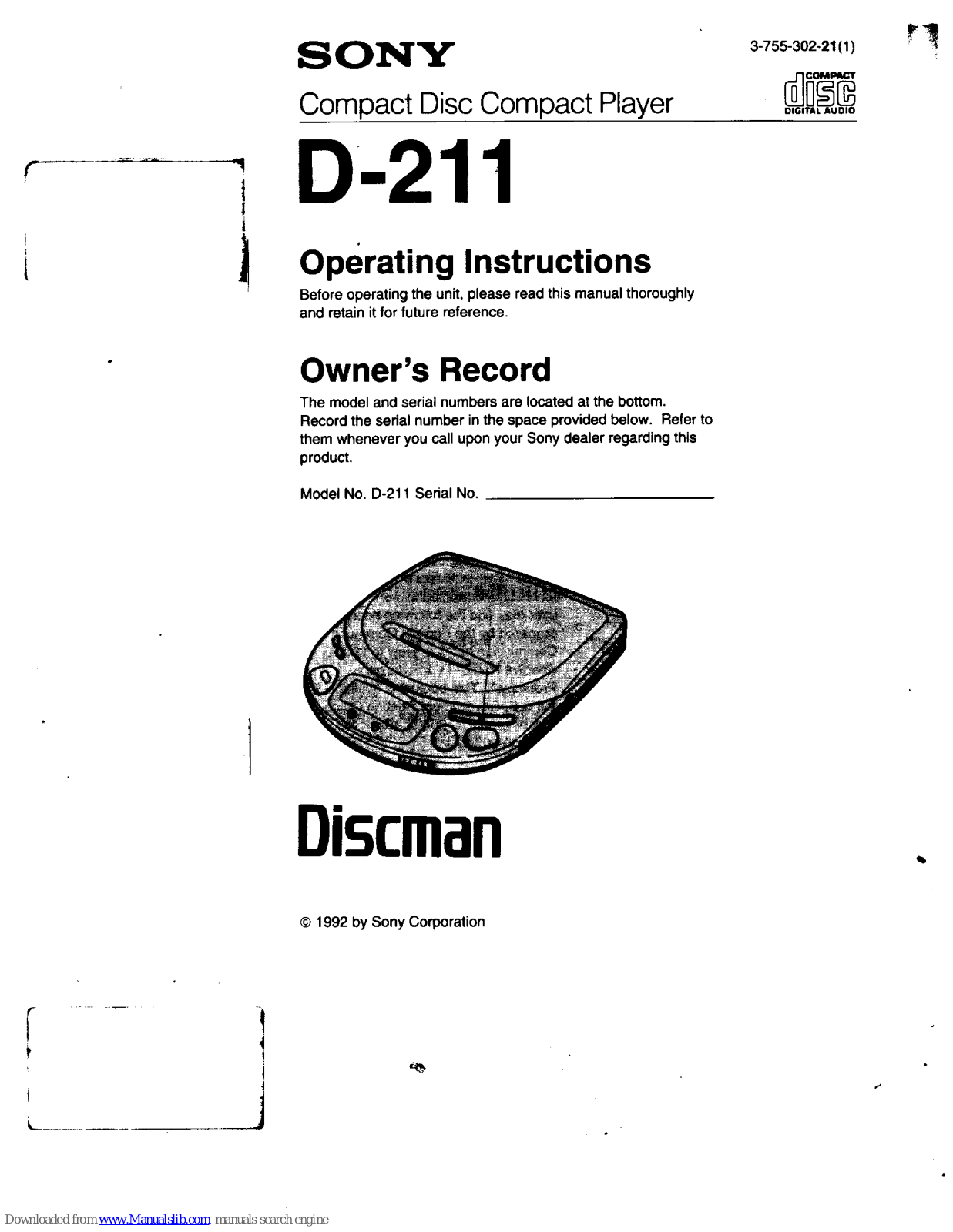 Sony Discman D-211 Operating Instruction - ManualMachine.com