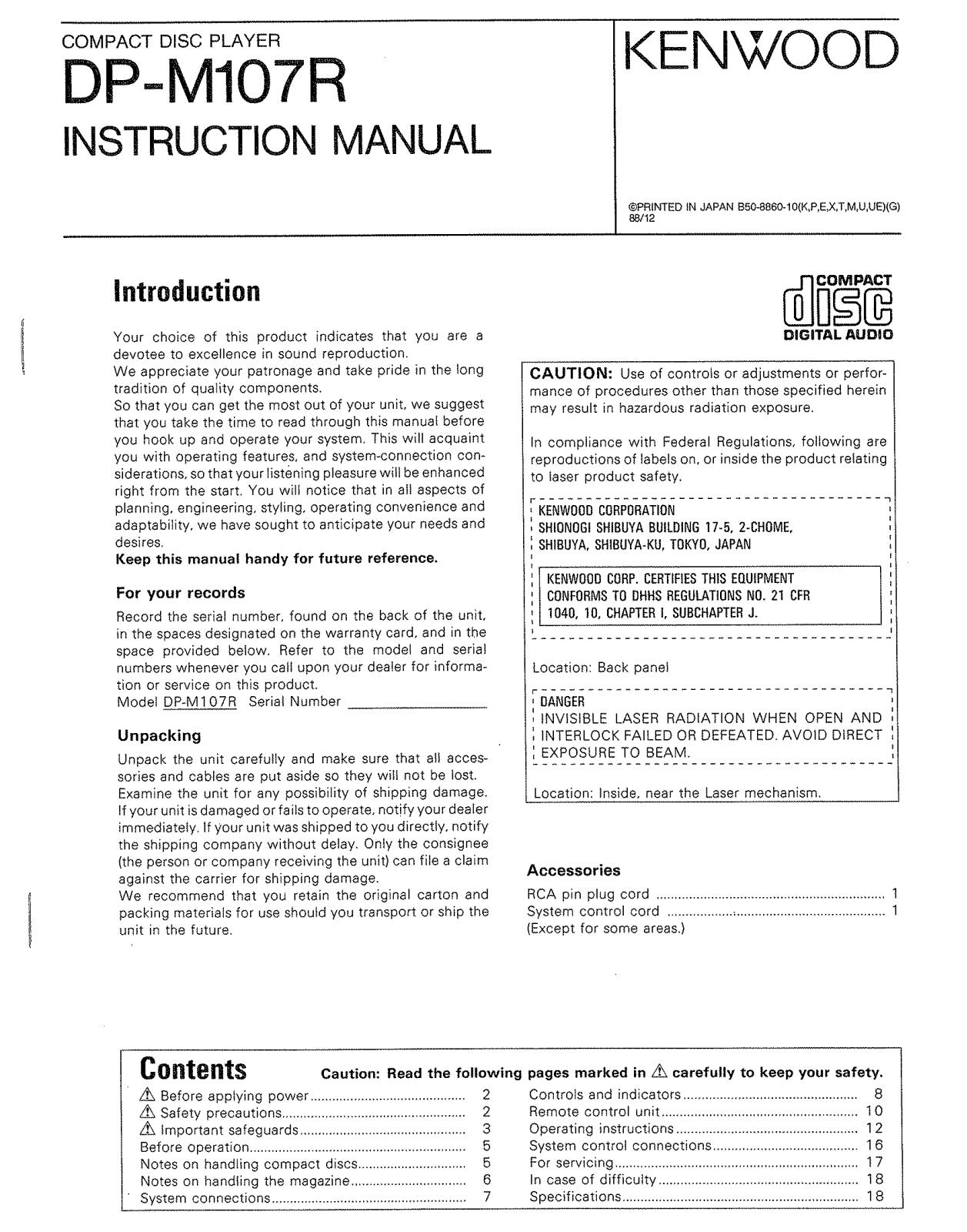 Kenwood DP-M107R Owner's Manual