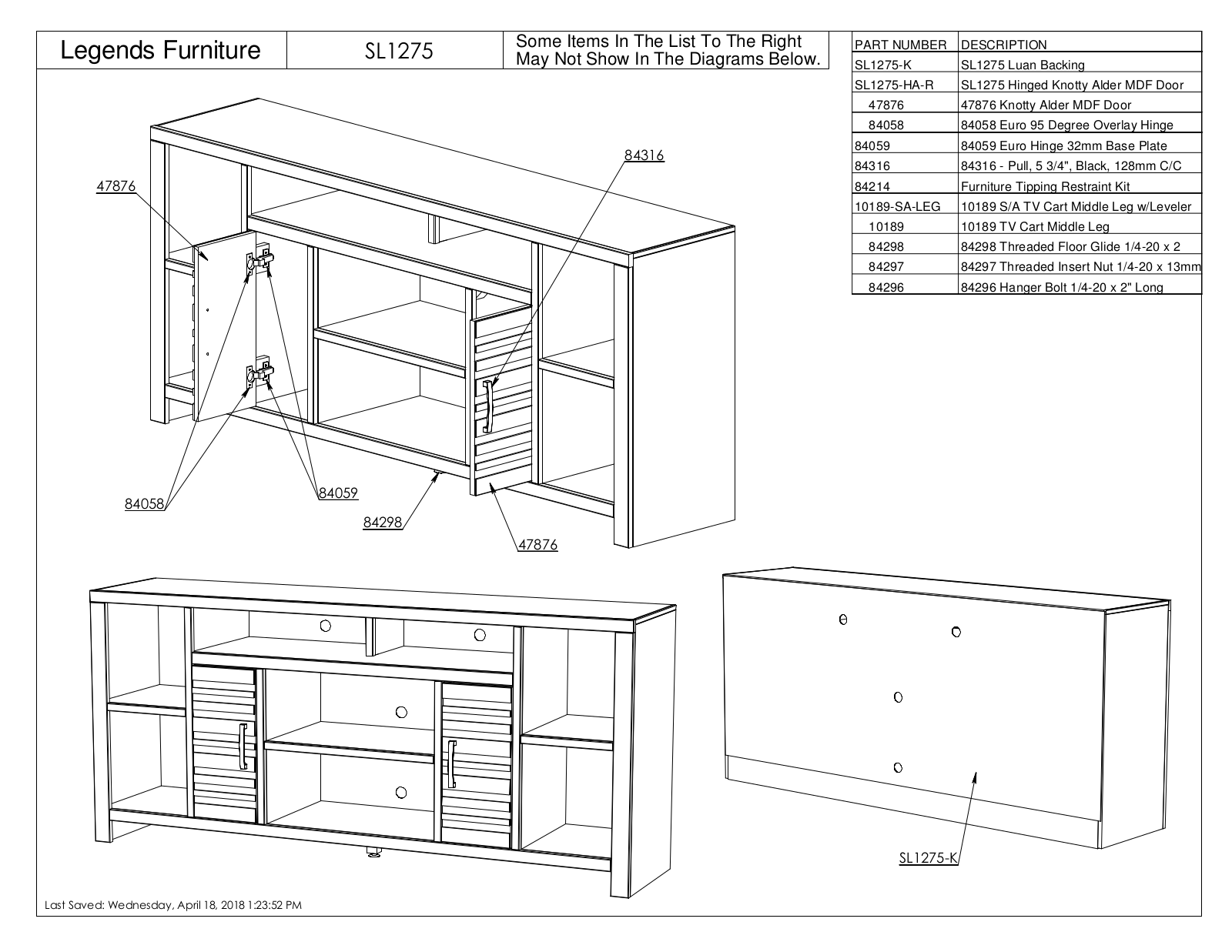 Legends Furniture SL1275 Parts List