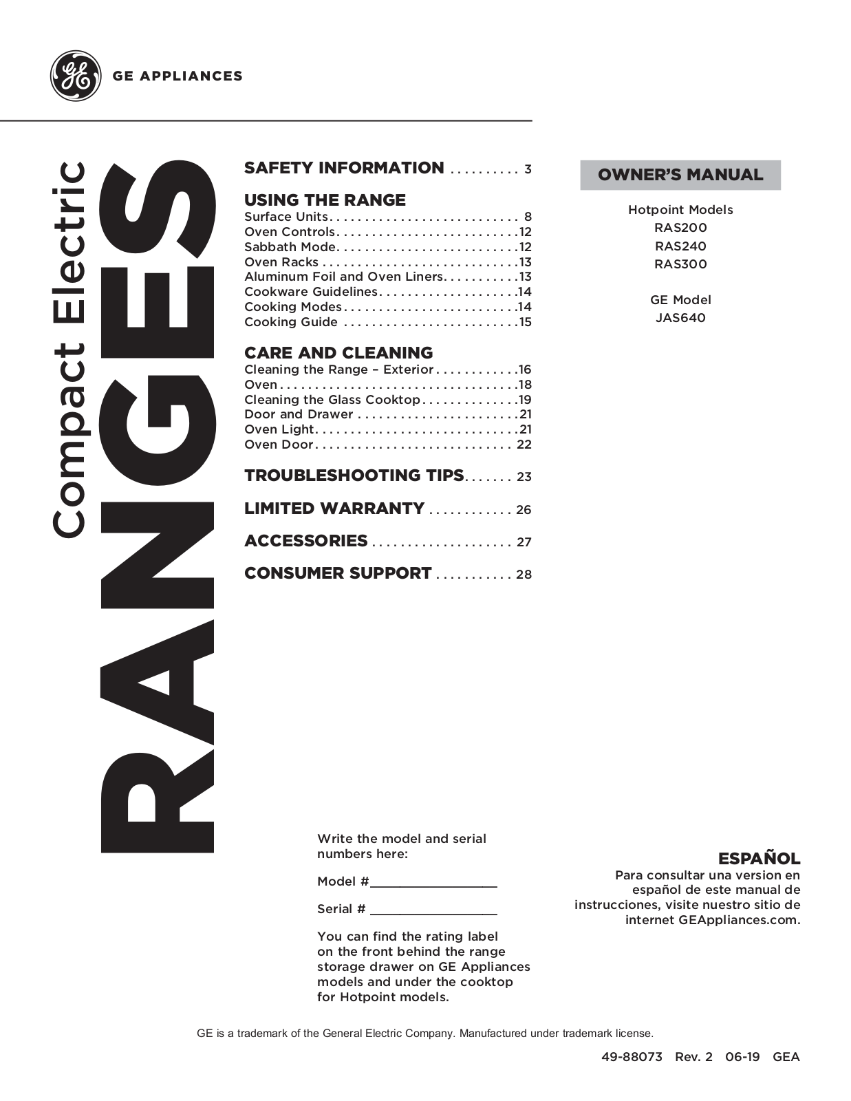 GE RAS200, RAS240, RAS300, JAS640 Owner’s Manual