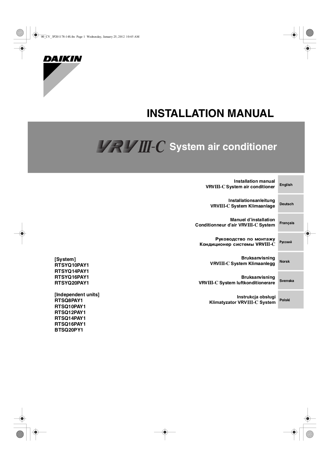 Daikin RTSQ-PA, RTSYQ-PA User manual