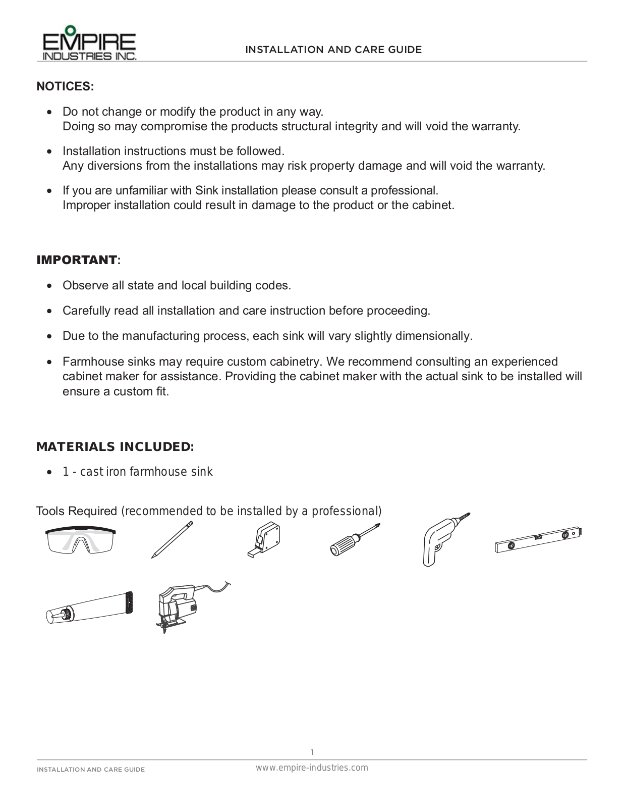 Empire Industries CI33SW, CI33DW Installation manual