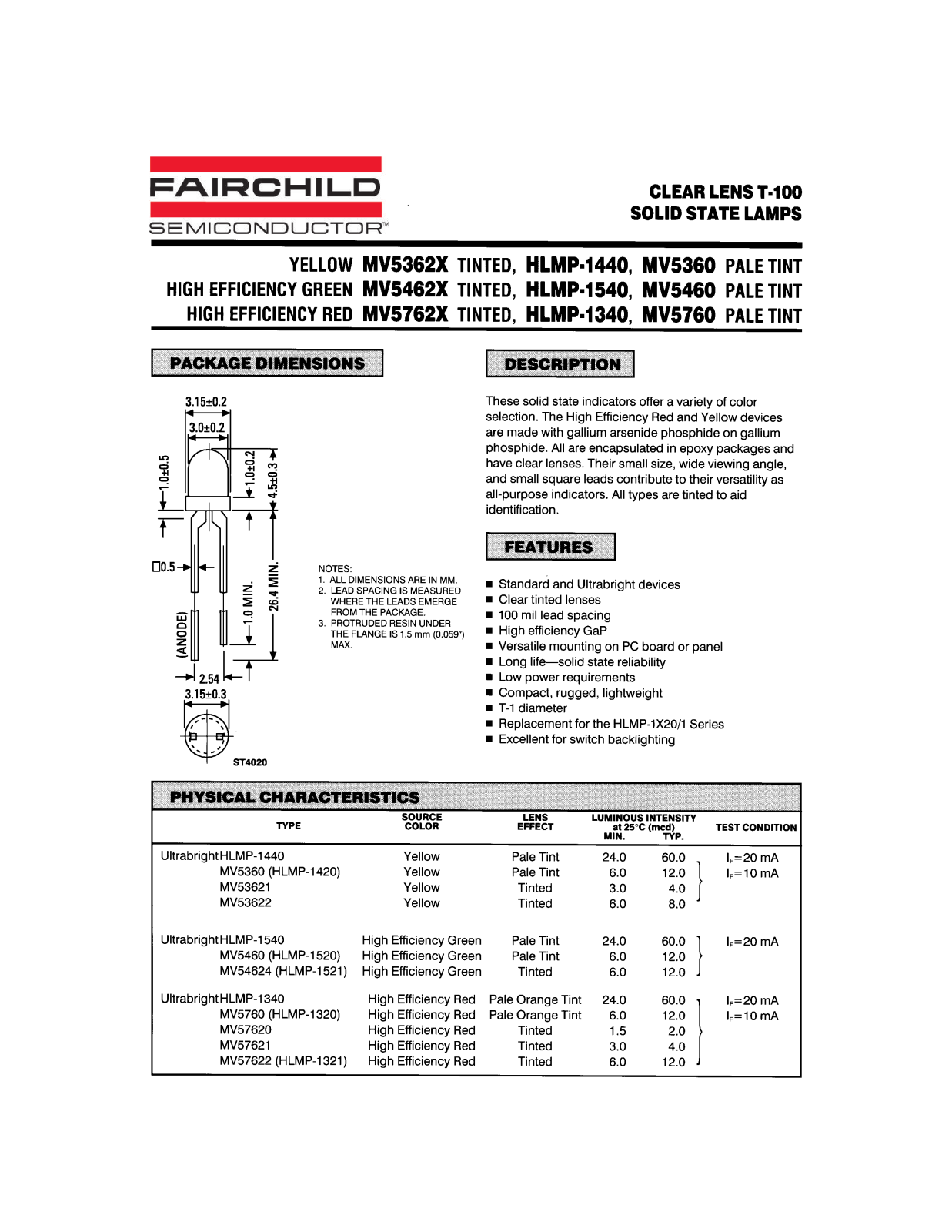 Fairchild Semiconductor MV57620, MV57622, MV5760 Datasheet