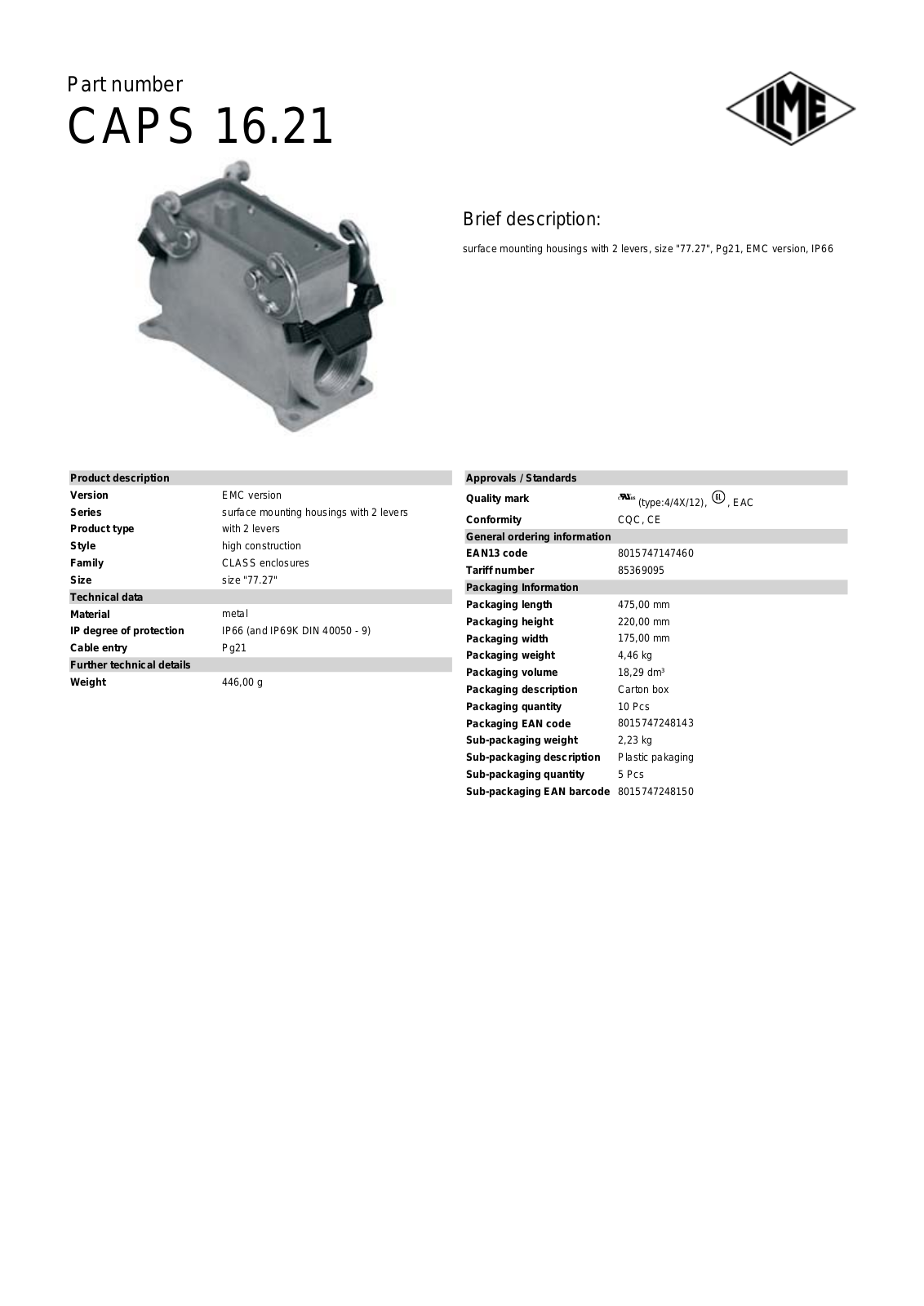 Datasheet CAPS-16.21 Datasheet (ILME) - ManualMachine.com