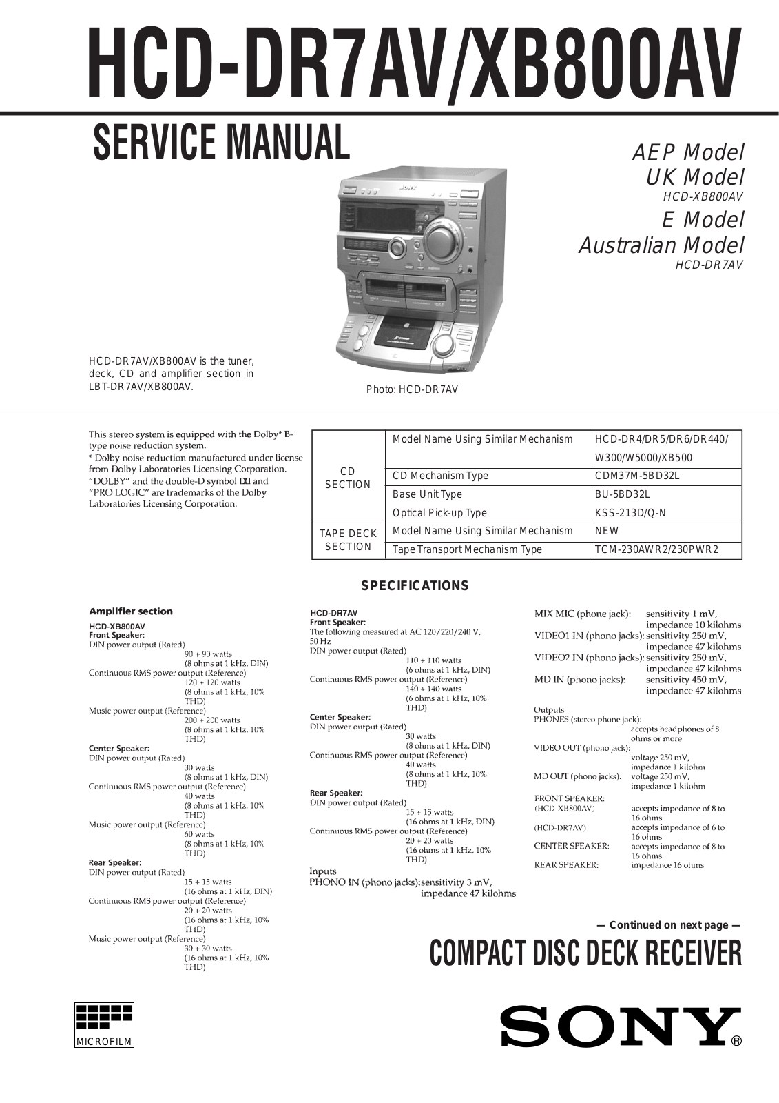 Sony HCD-DR7AV, HCD-XB800AV Service Manual