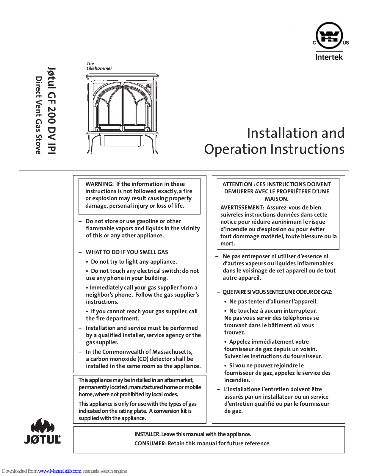 Intertek Jotul GF 200 DV IPI Lillehammer, Jotul GF 200 DV IPI, Lillehammer Operation Instructions Manual