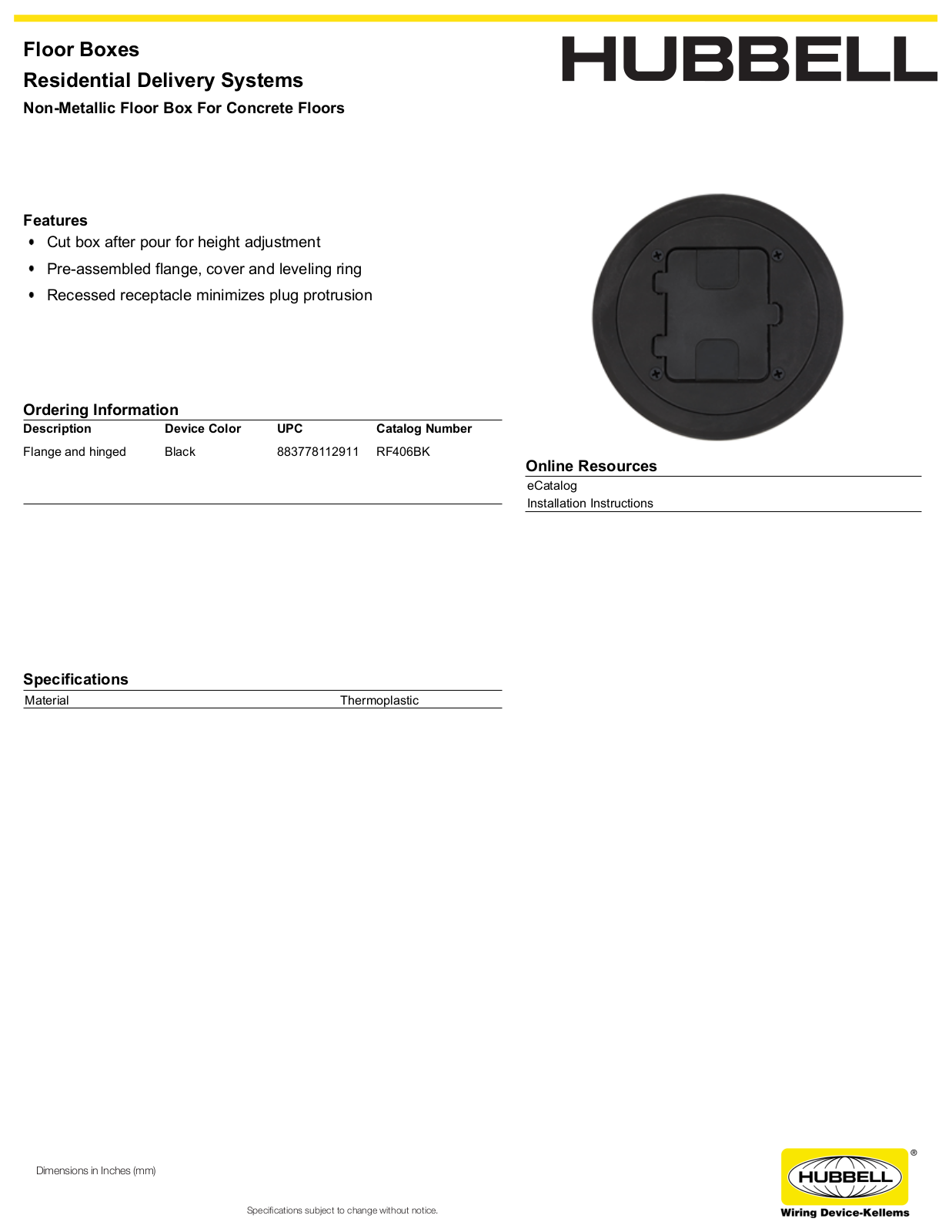 Hubbell RF406BK Specifications