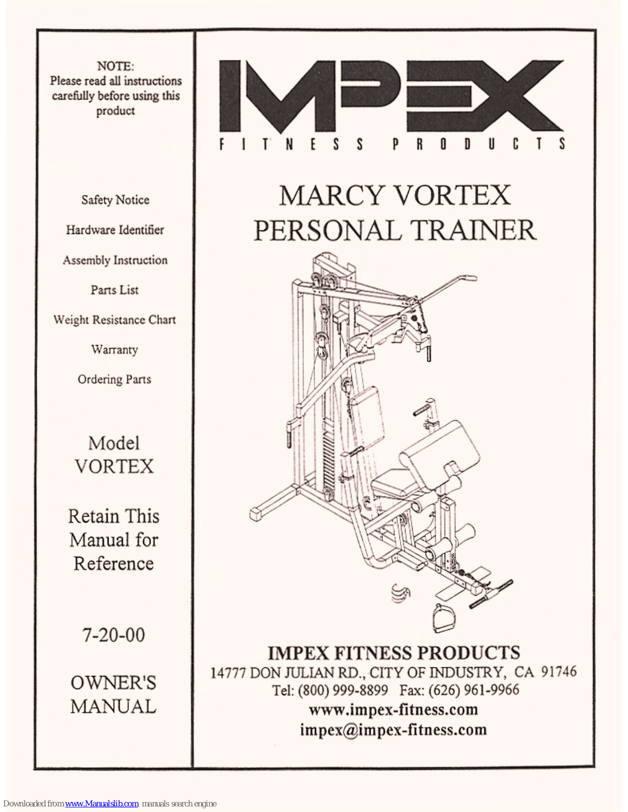 Impex MARCY VORTEX User Manual - ManualMachine.com