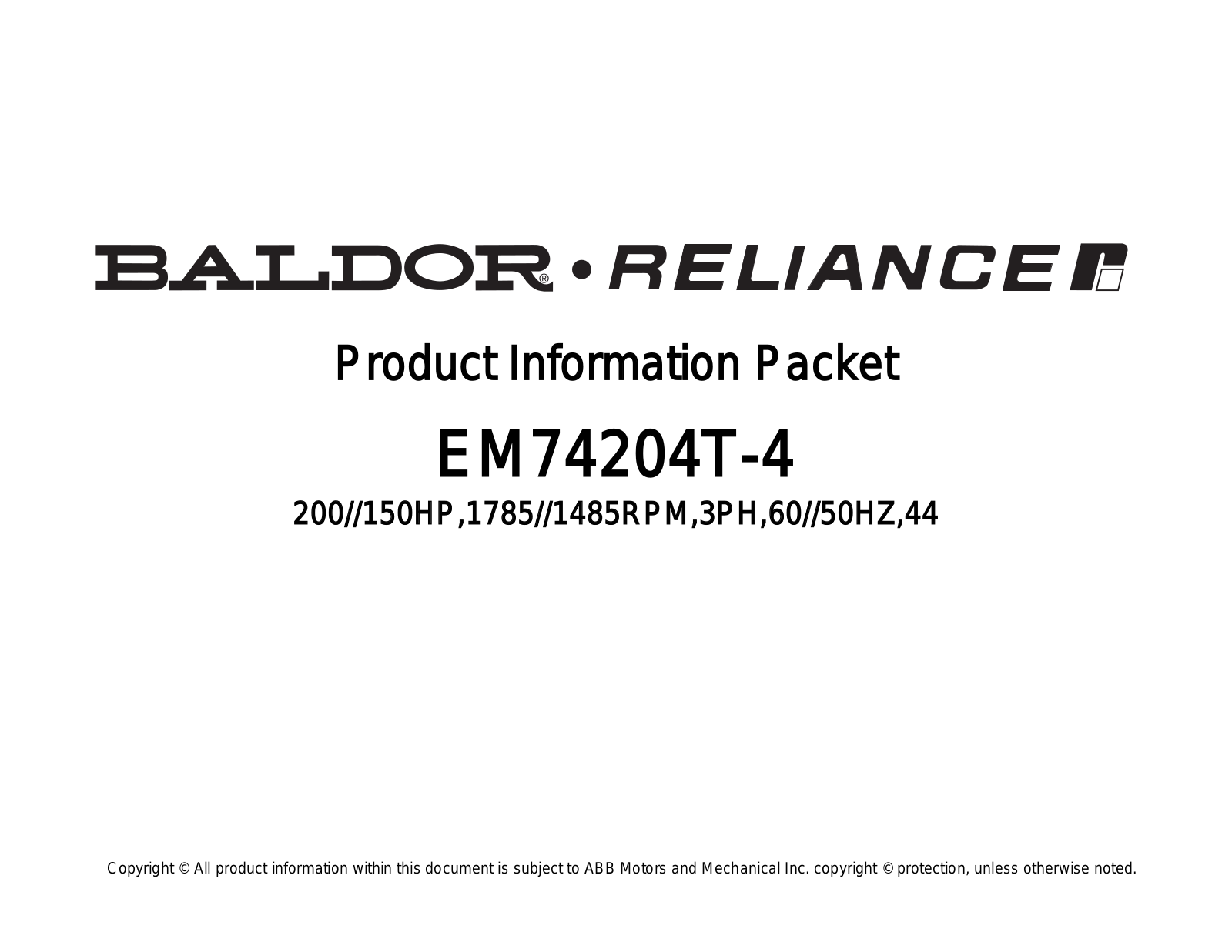 Baldor EM74204T-4 Product Information Sheet