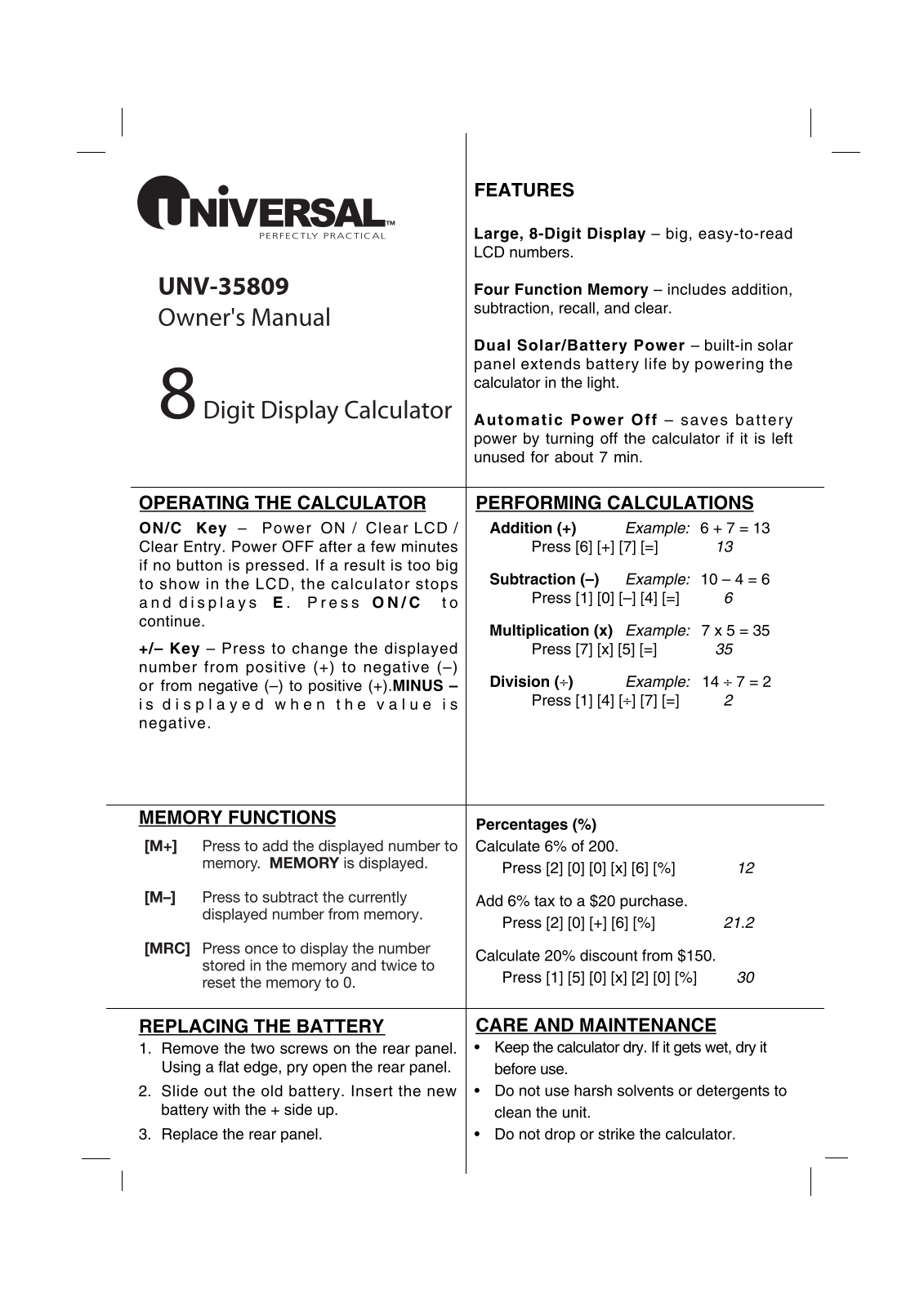 Universal Electronics UNV -35809 User Manual