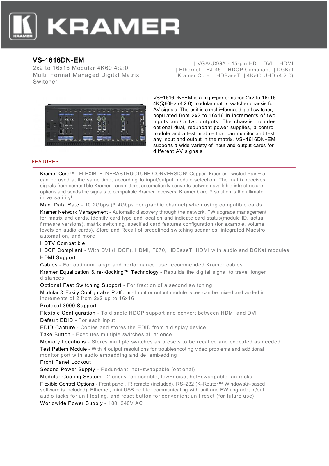 Kramer VS-1616DN-EM Datasheet