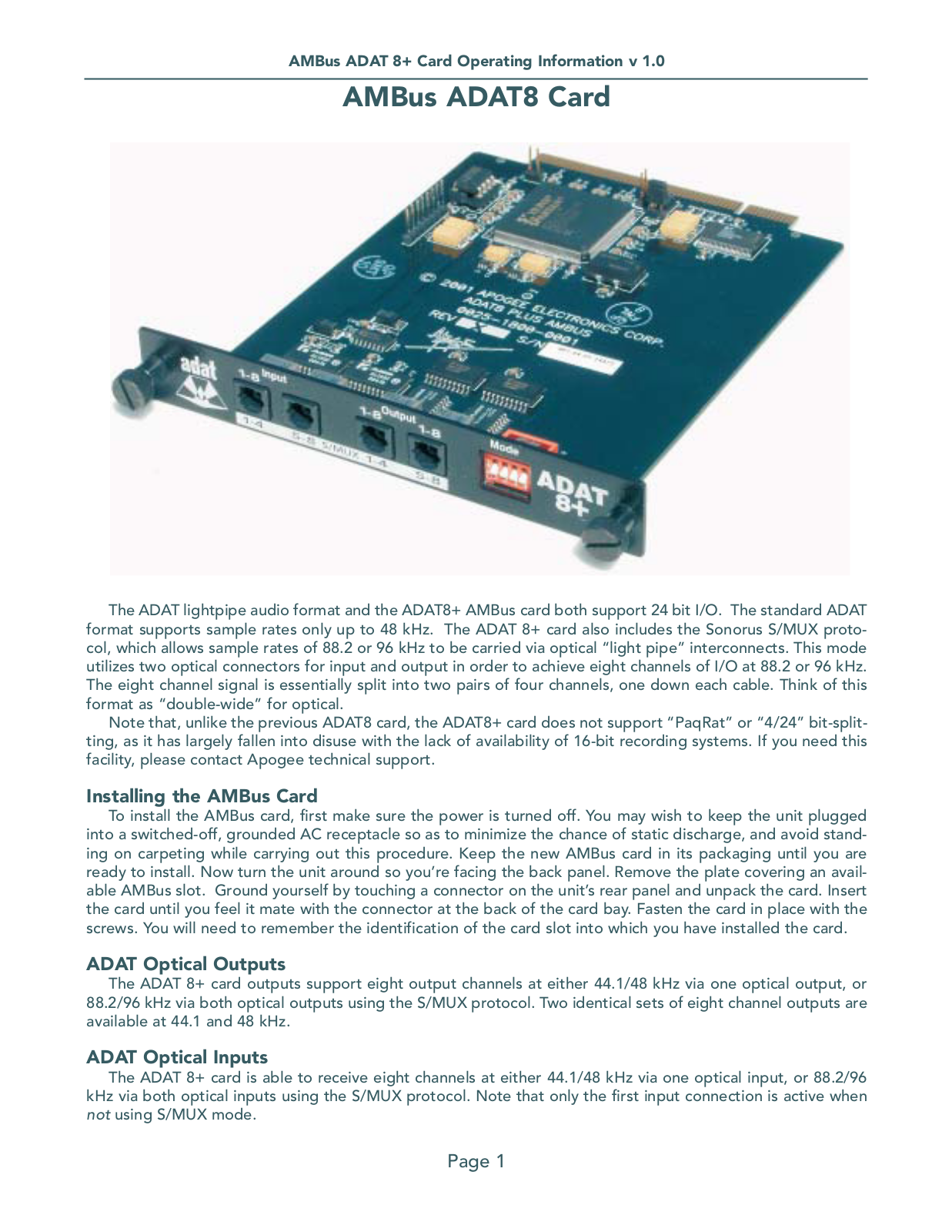 Apogee AMBUS ADAT8+ CARD User Manual