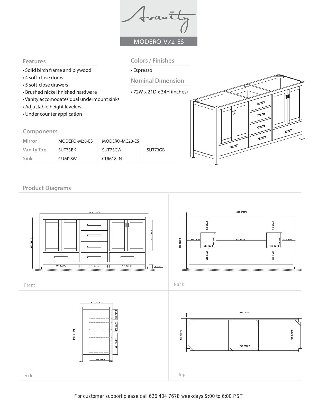 Avanity MODEROV72WT Specifications