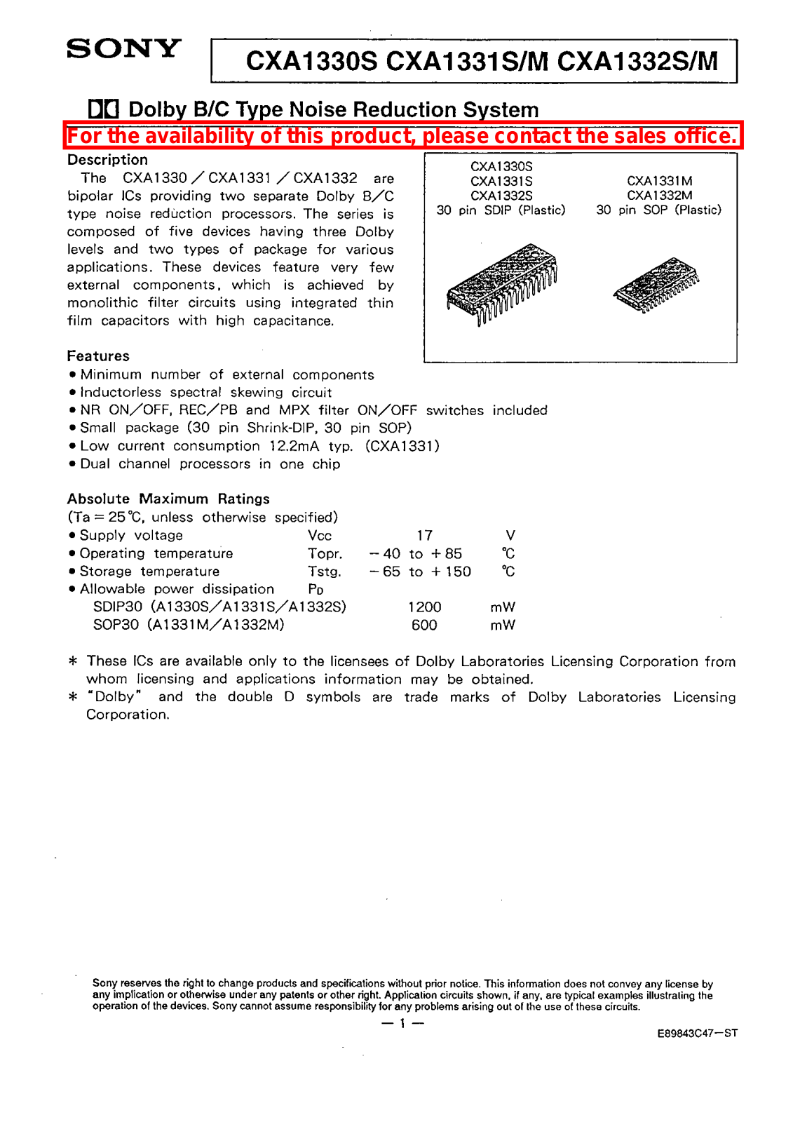 Sony CXA1330S, CXA1332S, CXA1332M, CXA1331S, CXA1331M Datasheet