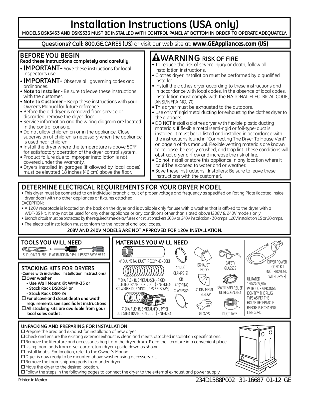 GE DSKS433EBWW, DSKP333ECWW Quick Start Manual