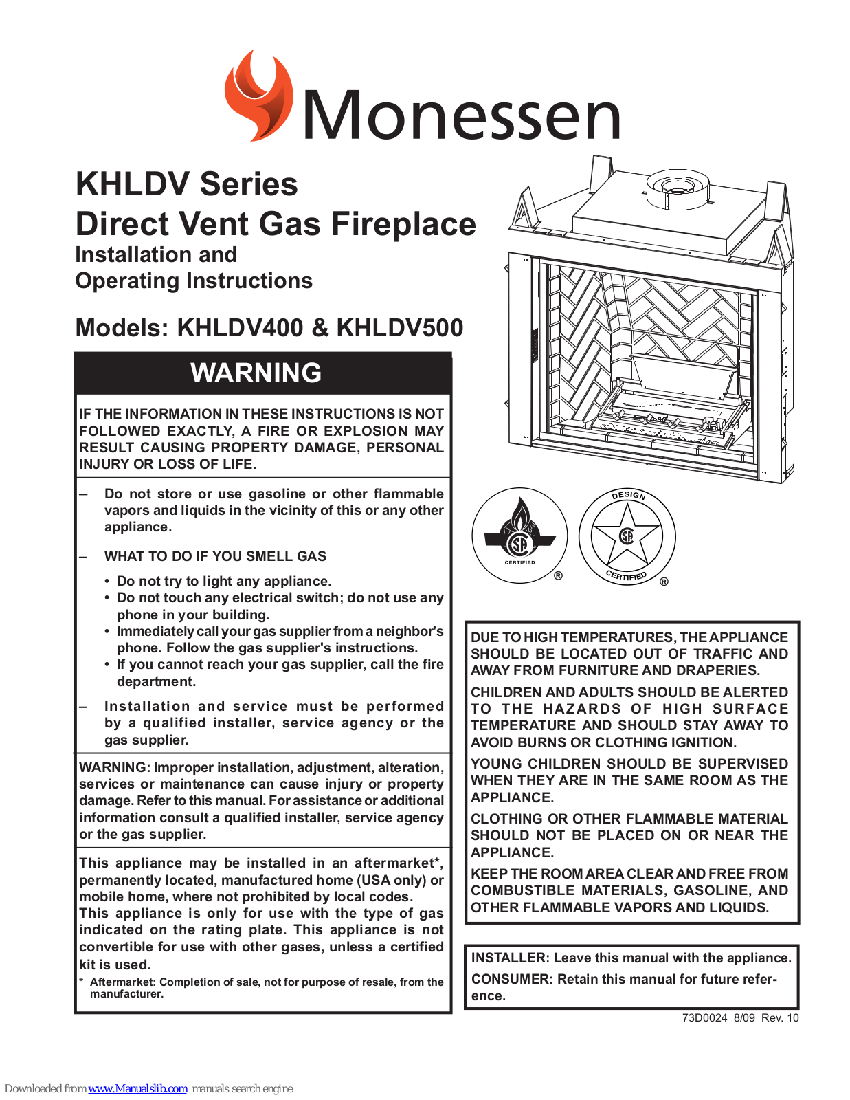 Monessen Hearth KHLDV500, KHLDV500NV, KHLDV500PV, KHLDV500NSC, KHLDV500PSC Install And Operation Instructions