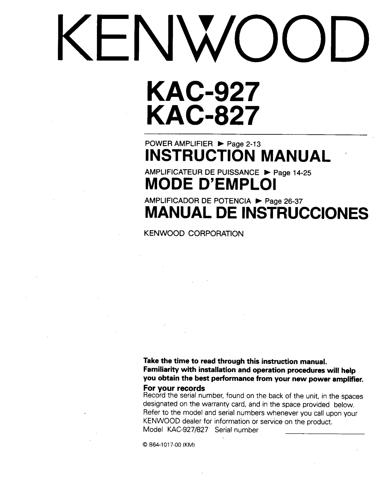 Kenwood KAC-927, KAC-827 Owner's Manual