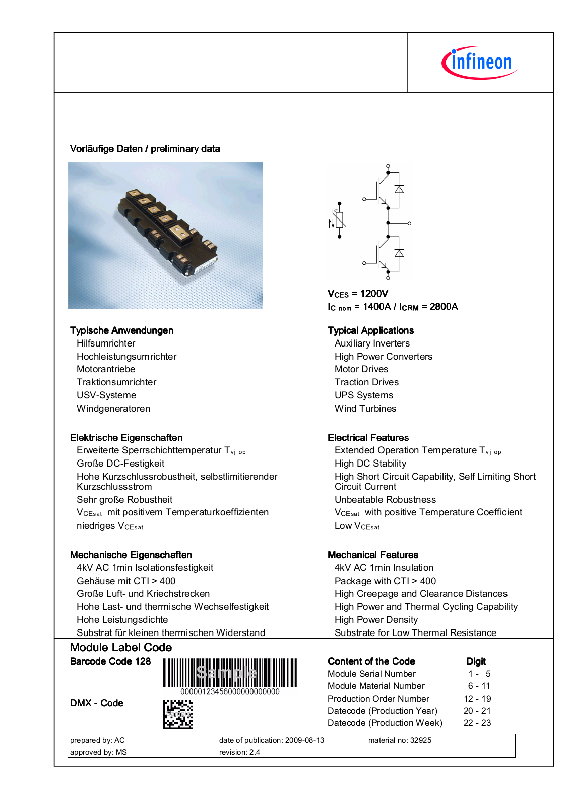 Infineon FF1400R12IP4T Data Sheet