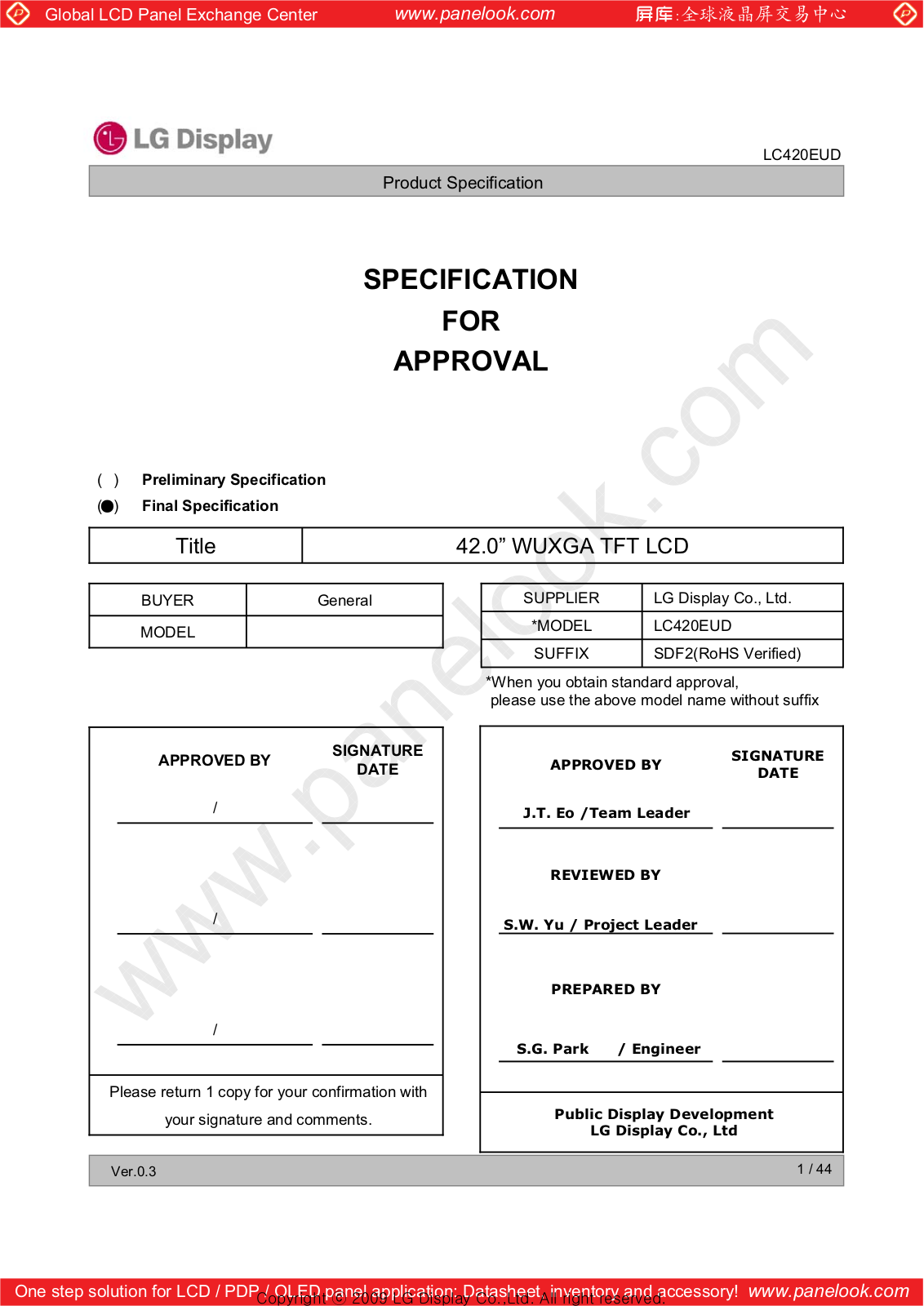 LG Display LC420EUD-SDF2 Specification