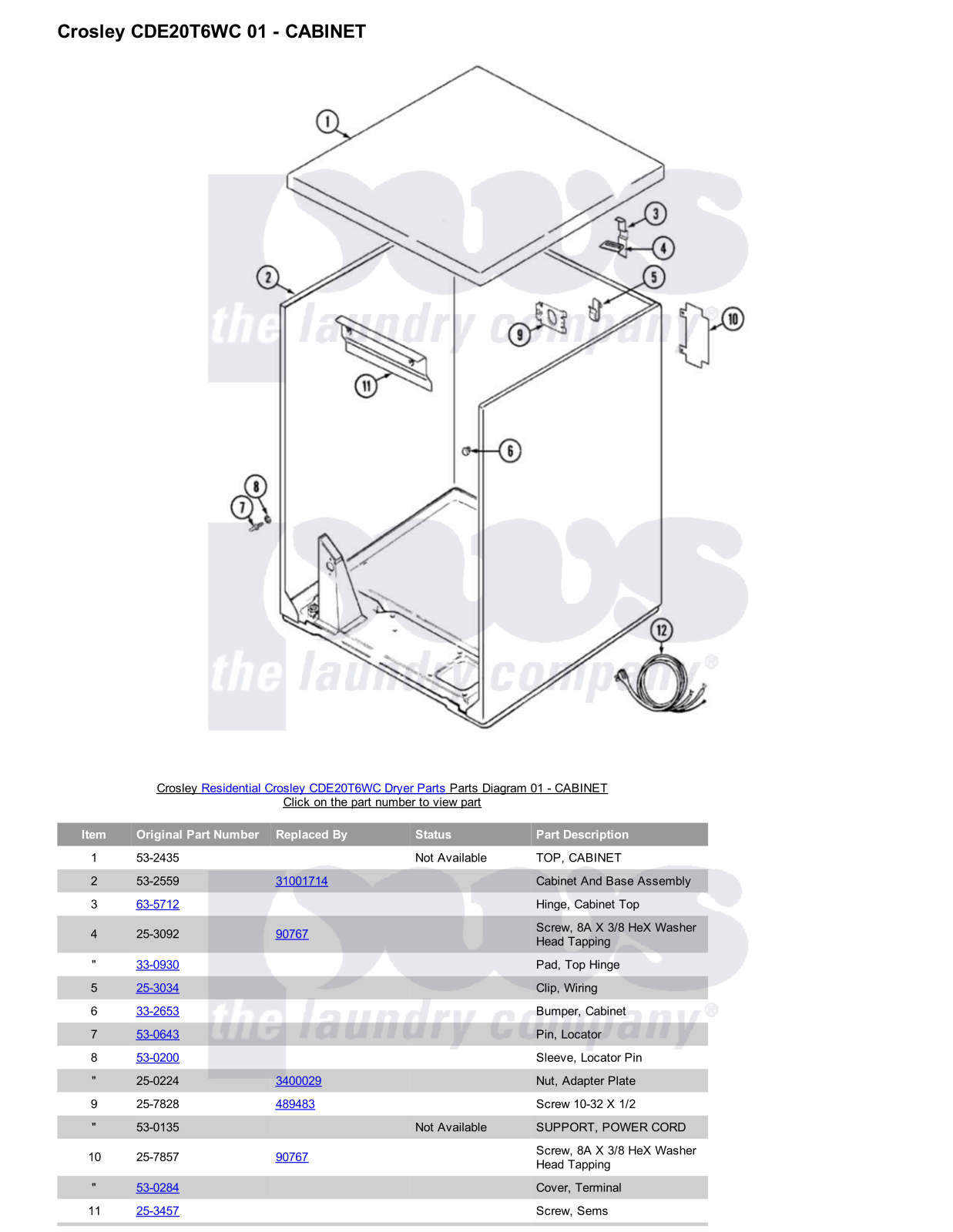 Crosley CDE20T6WC Parts Diagram