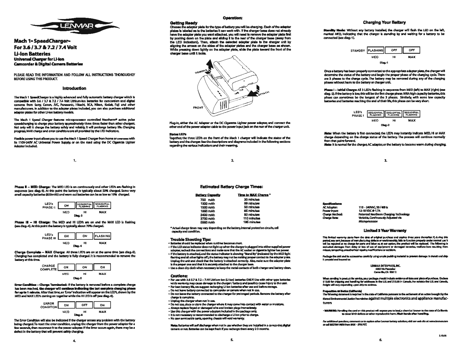 Lenmar Enterprises Mach 1+ SpeedCharger 7.2 Volt, Mach 1+ SpeedCharger 7.4 Volt, Mach 1+ SpeedCharger 3.7 Volt, Mach 1+ SpeedCharger 3.6 Volt User Manual