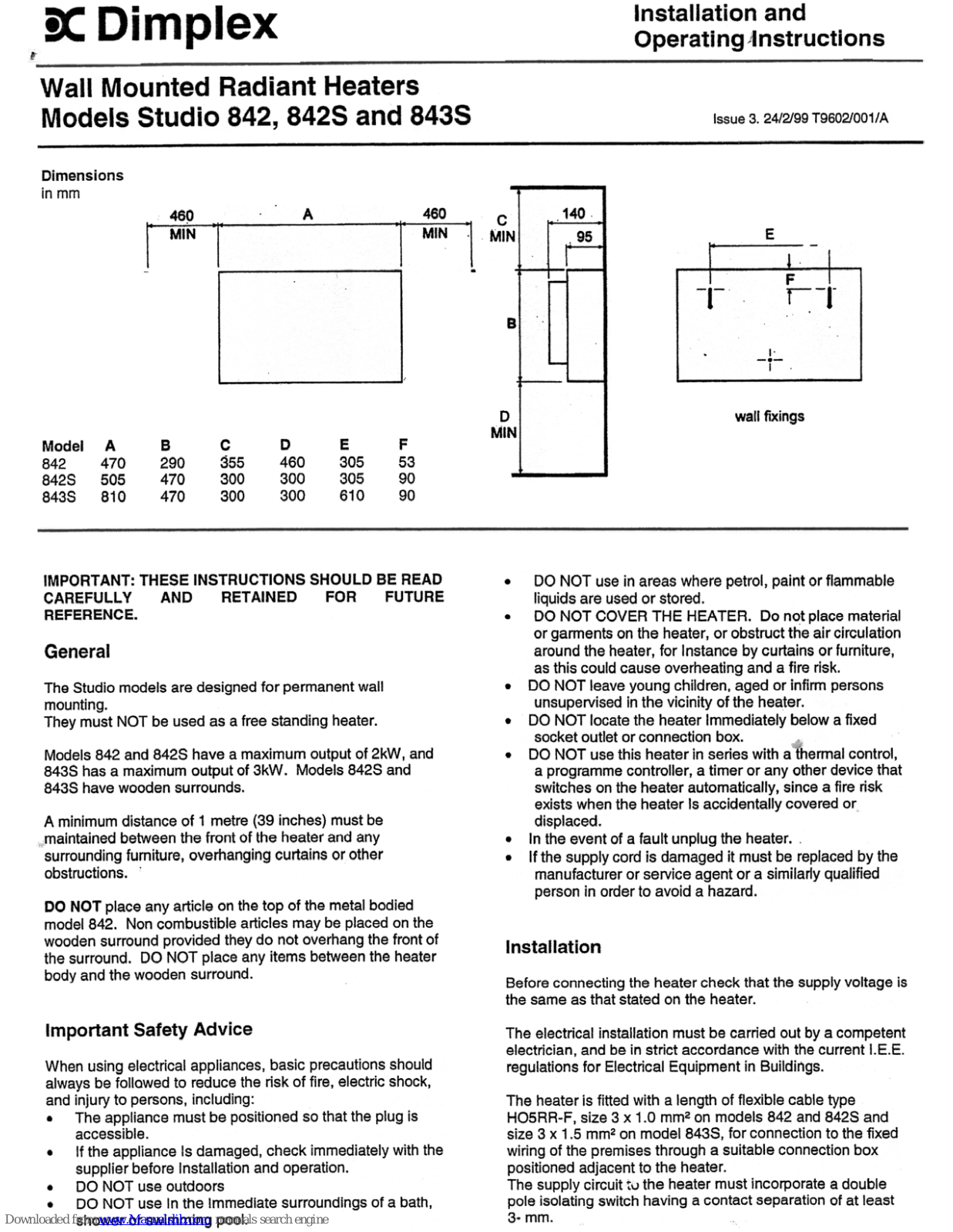 Dimplex Studio 842, Studio 842S, Studio 843S Installation And Operating Instructions Manual