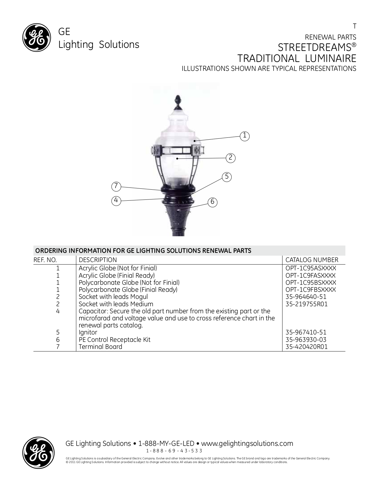 GE StreetDreams traditional Luminaire Renewal Parts