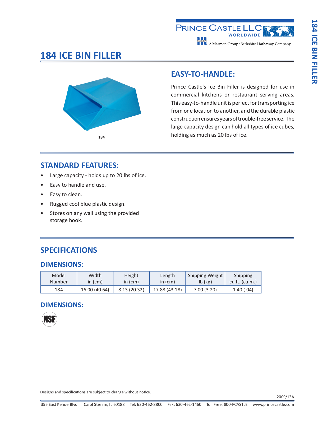 Prince Castle 184 Specifications