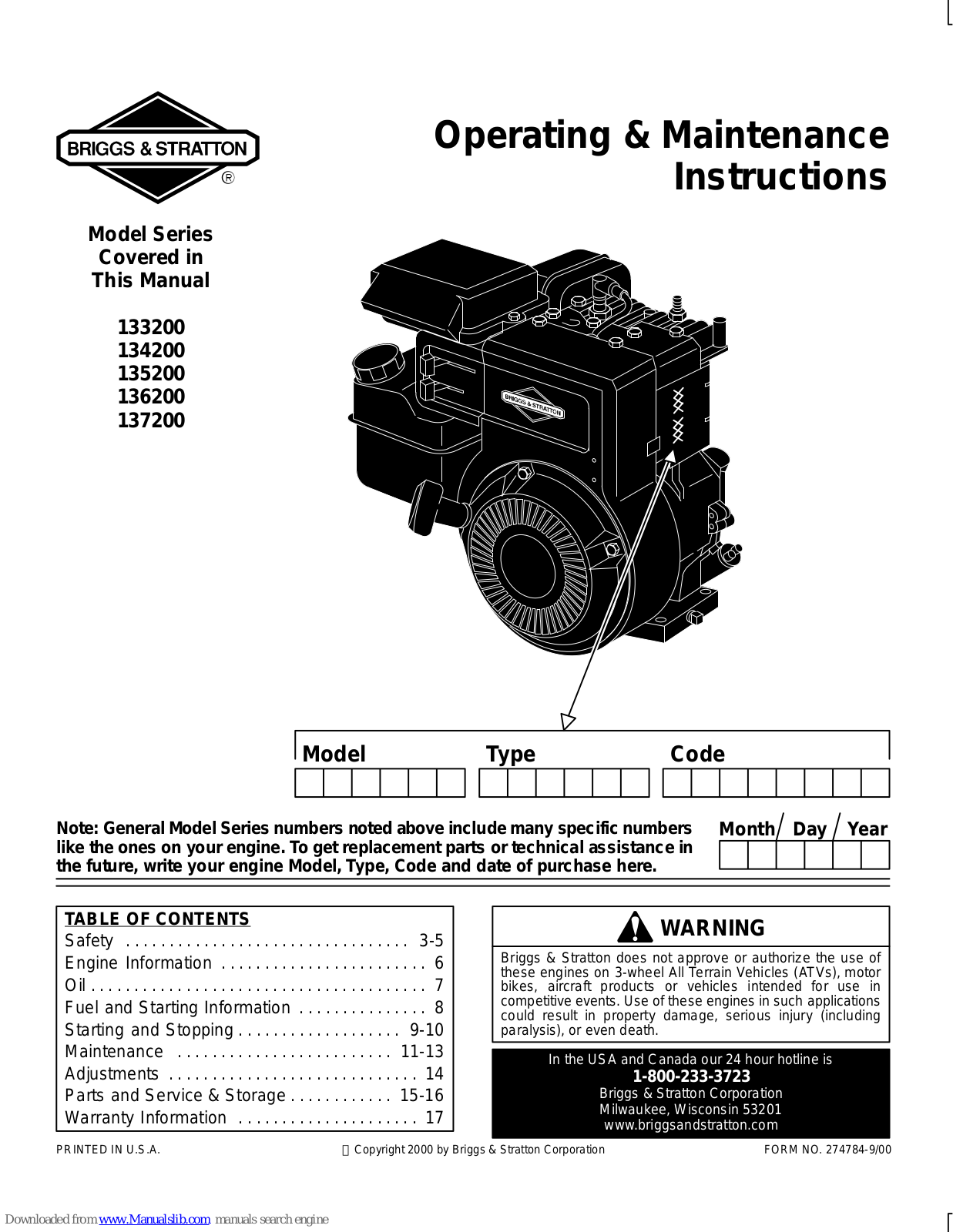 Briggs & Stratton 133200 Series, 134200 Series, 135200 Series, 136200 Series, 137200 Series Operating & Maintenance Instructions